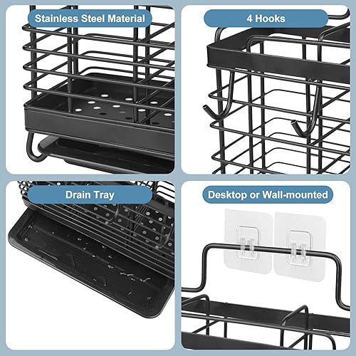 Miniatura 2 de Soporte para Utensilios, Escurridor de Utensilios de Acero Inoxidable con Bandeja de Drenaje, Cesta de Drenaje de la Cocina para Cubiertos,