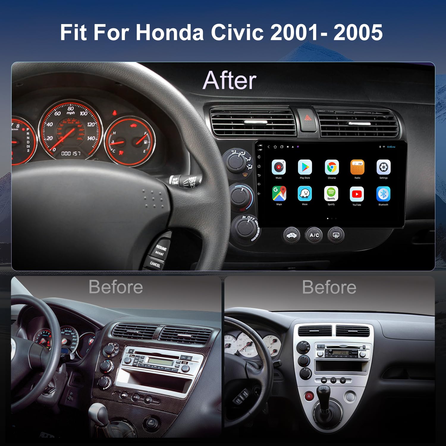 4G LTE QLED Radio for Honda Civic 2001 2002 2003 2004 2005 Upgrade | 8-Core CPU Touch Screen Stereo | Wireless CarPlay & Android Auto | Free Camera