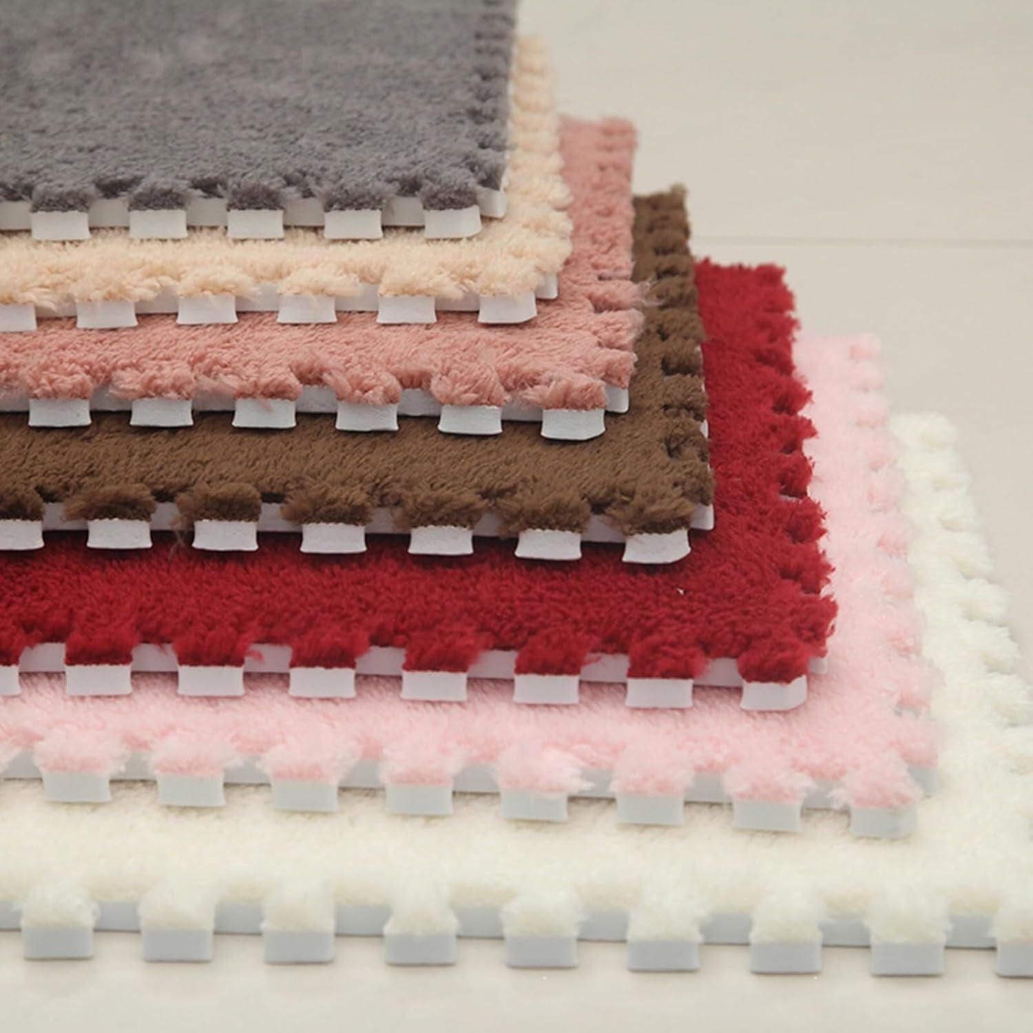 80pcs Plush Puzzle Square Foam Floor Play Mat Tiles Rug, 12x12 in Shaggy Interlocking Foam Carpet with Border, Non-Slip Washable Play Mat Home Decor(Coffee)