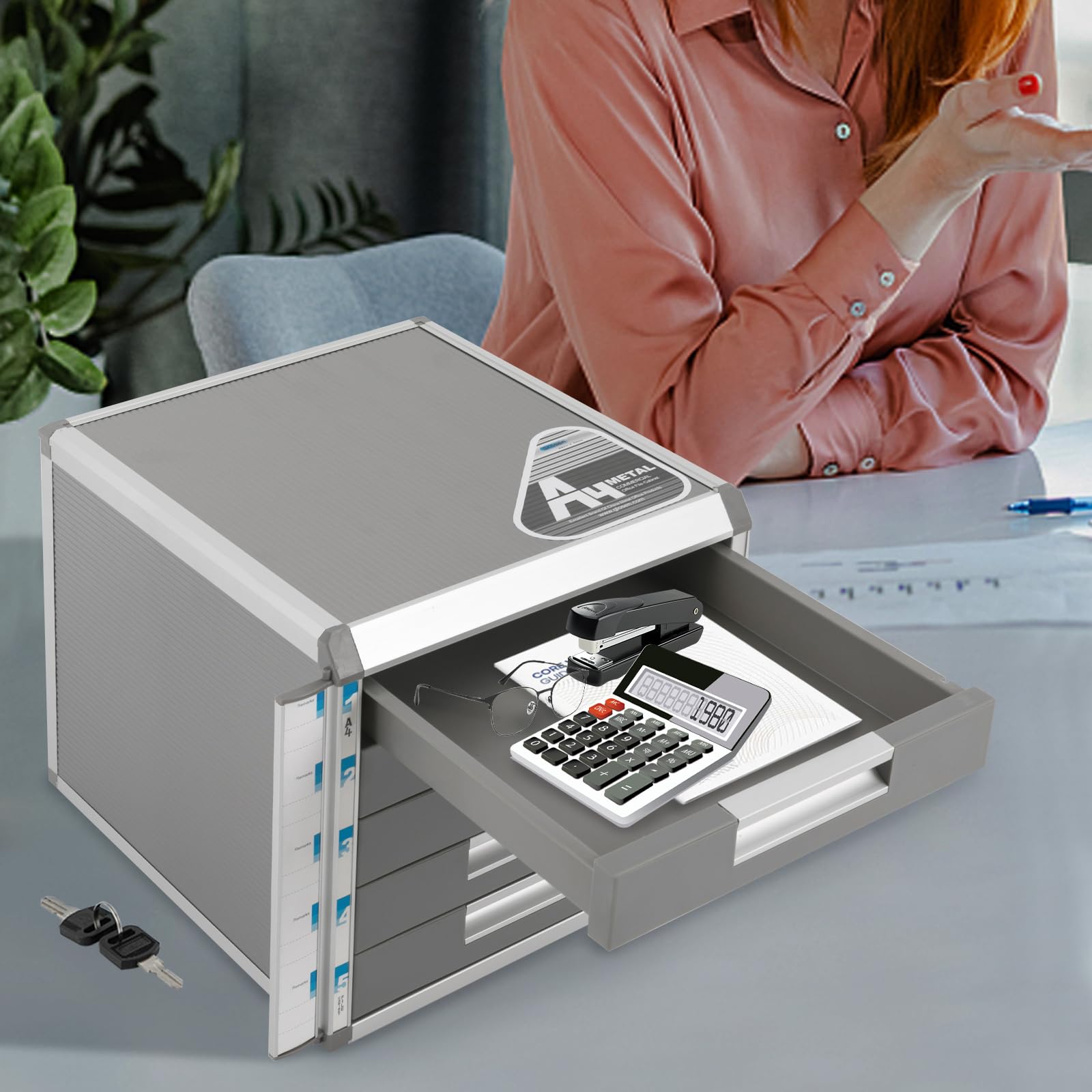 Schublade Organizer Desktop Aluminiumlegierung File mit 2* Schlüssel, Ablagebox Bürobox für A4 Papier anderen Büromaterialien (5 Etagen)