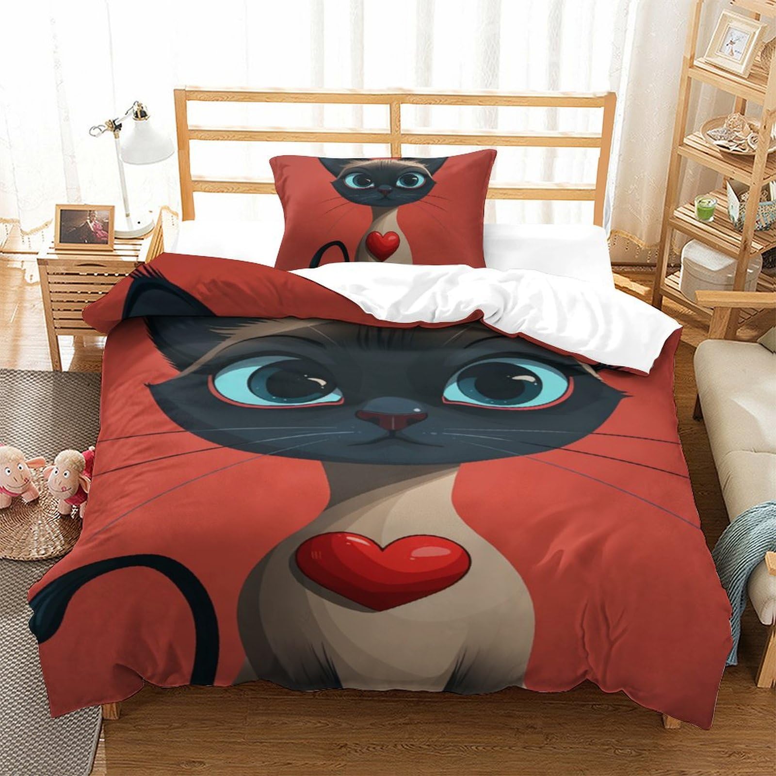 Literie chat siamois 3D en microfibre premium pour lit simple 135x200