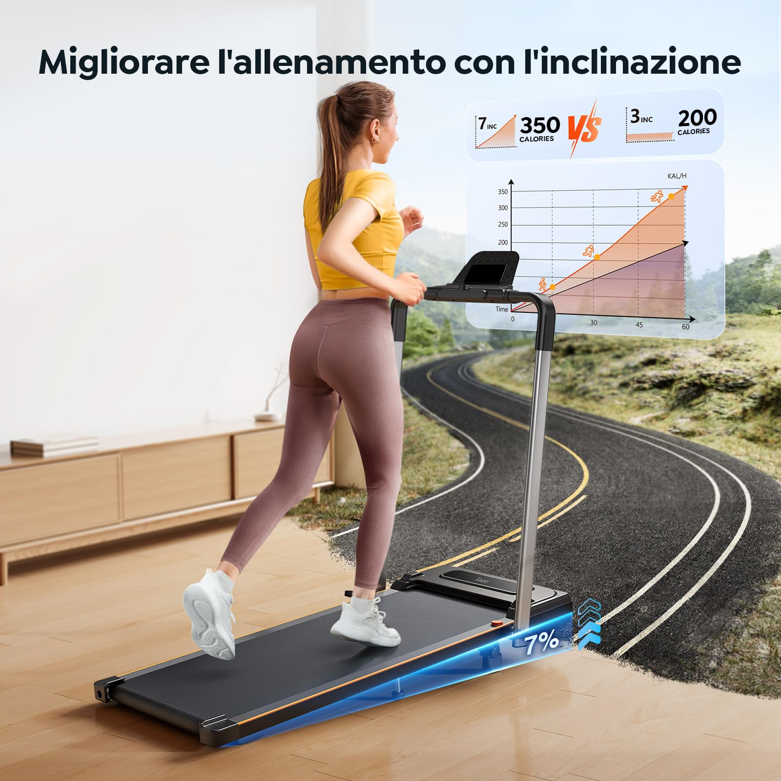 Tapis Roulant Pieghevole 2 in 1 per Casa - Walking Pad con Pendenza Regolabile, Schermo LED e Telecomando - Compatibile App, Design Salvaspazio per Sotto Scrivania/Ufficio