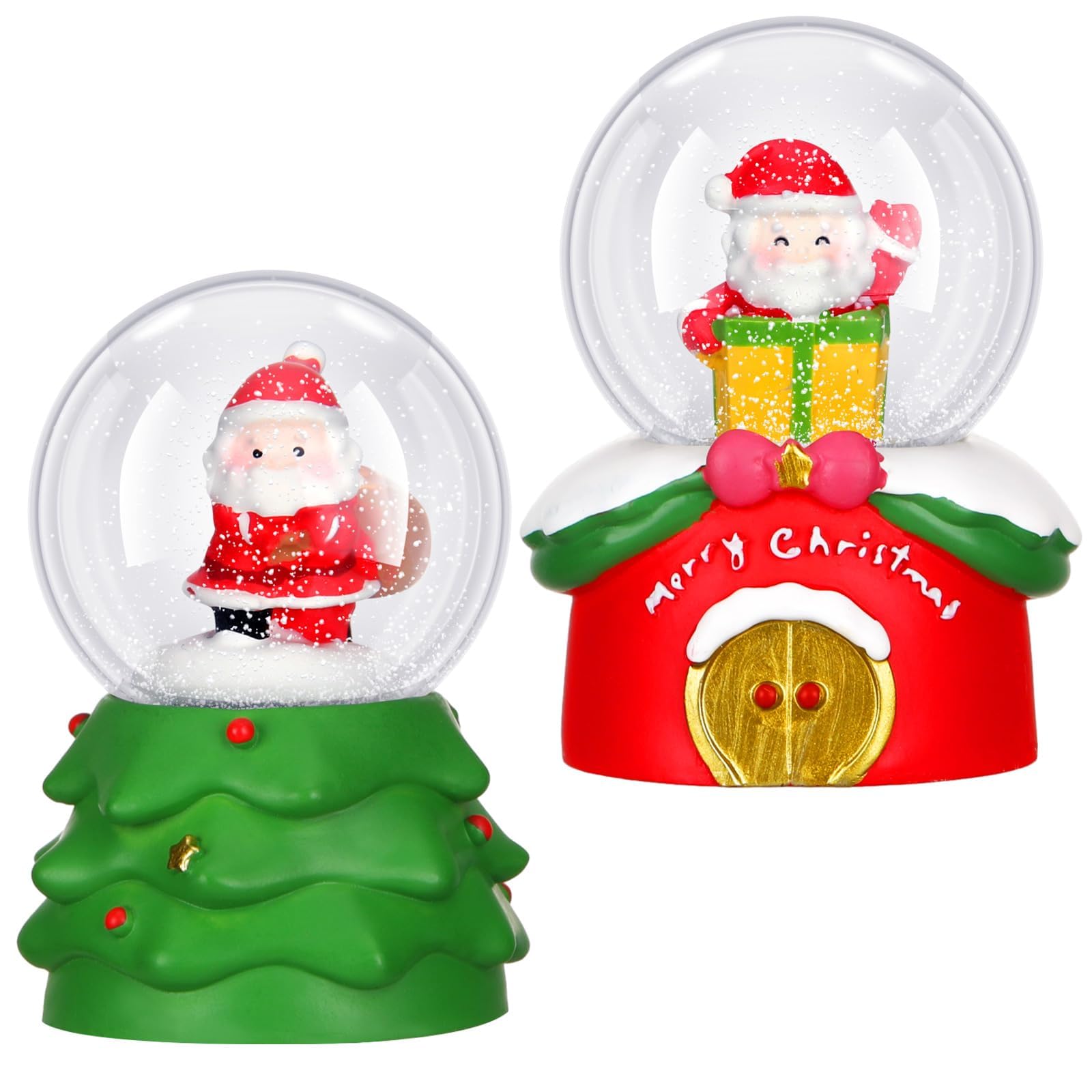 TERRIFIChristmas Glitter Water Globe Mini Snow Globe Santa Claus Christmas Tree Snowman Snow Christmas Elements Snow Globe House Decoration with LED Light for Family Office, 2 Pcs