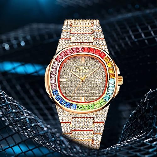 Luxury Bling Colorful Full Diamond Watches Fashion Quartz Analog Stainless Steel Band Bracelet Wrist Watch (Rose Gold) #TOP5