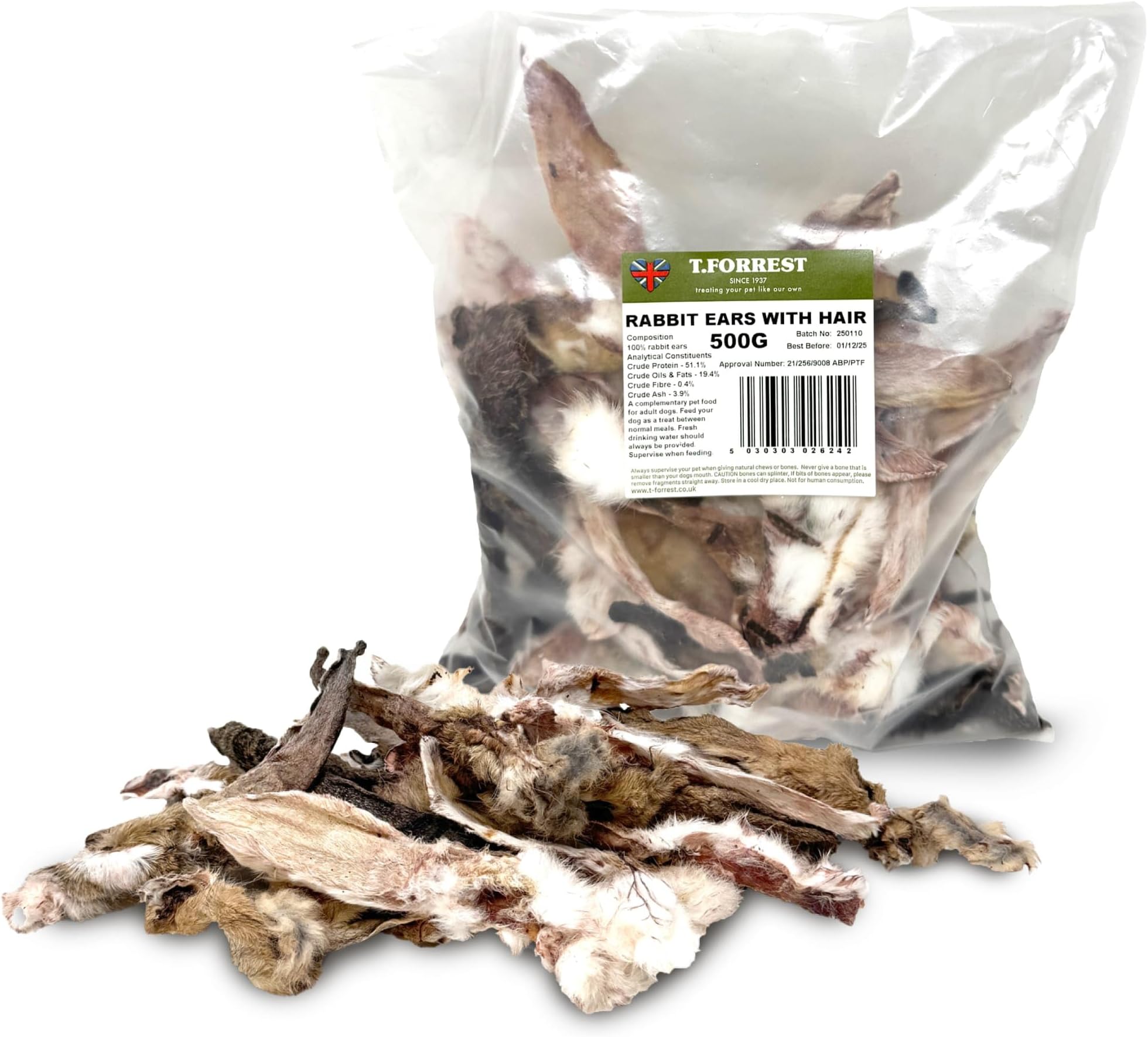 TailWagger Treats British Air Dried Rabbit Ears with Fur x500g For Dogs, 100% Natural Air Dried Grain & Gluten Free