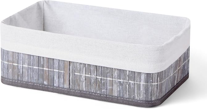 Deconox Bambu Detaylı Çok Amaçlı Saklama Kutusu – 25x15x8 cm Dekoratif Kumaş Organizer | Mutfak, Banyo, Dolap İçi ve Raf Düzenleyici | Çekmece İçi Derin Organizer Kutu Gri