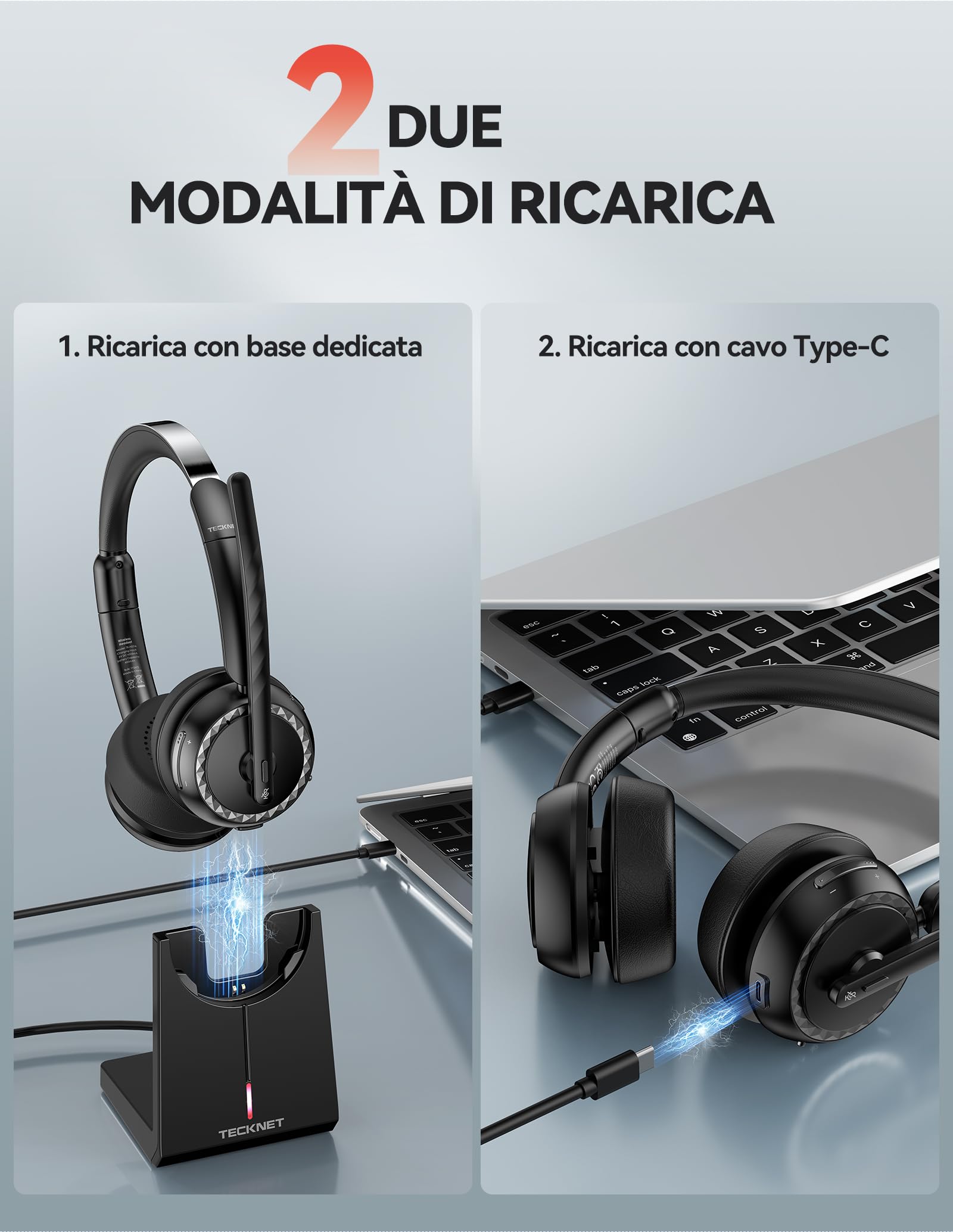 TECKNET V5.3 - Cuffie Bluetooth con microfono, cuffie wireless con microfono AI cancellazione del rumore, stazione di ricarica, dongle USB, batteria 55+ ore, ricaricabili, per ufficio, casa