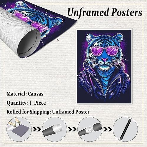 Miniatura 2 de Lienzo decorativo para la pared, arte pop retro de los años 80, póster de lienzo con estampado de tigre azul neón, lienzo con estampado de animales