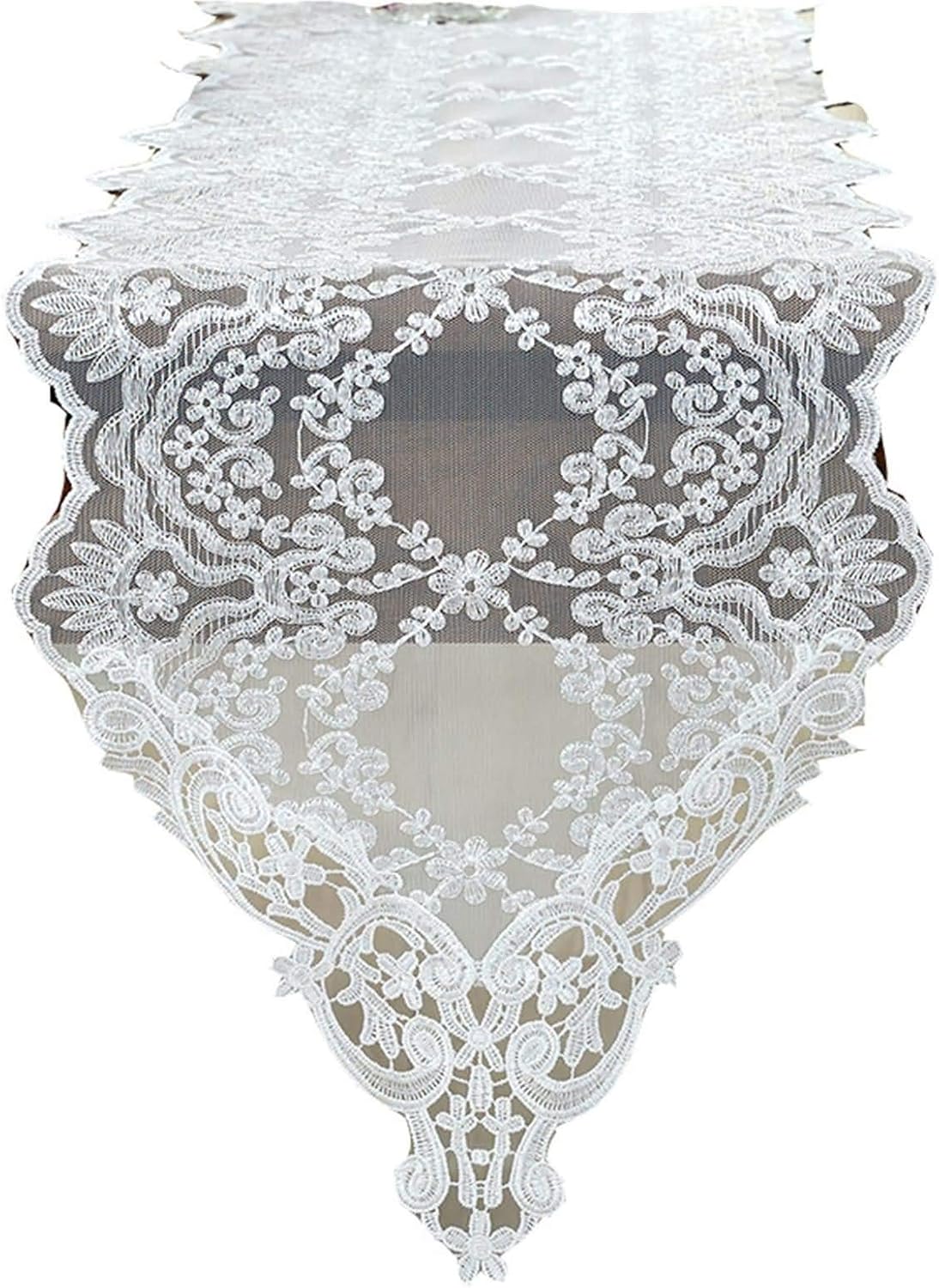 Table Runner Decor,30x150CM,Flower Pattern with Lace Festive Table Runner Polyester,Table Runner Decoration White