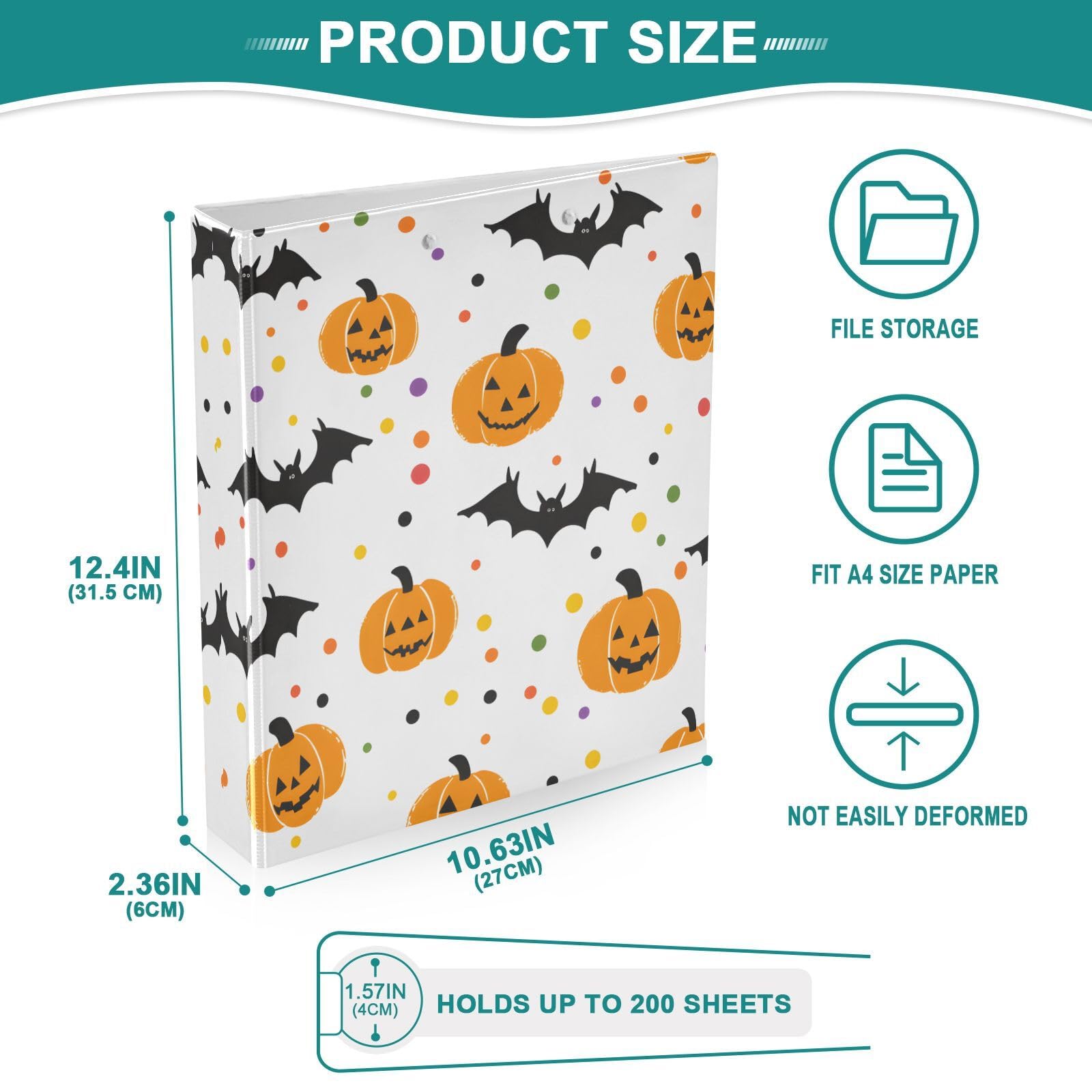 Confezione da 2 raccoglitori a 3 anelli, motivo zucche di Halloween, pipistrelli, puntini, 3,8 cm, con 3 tasche trasparenti, portablocco e contiene 200 fogli, per ufficio, scuola