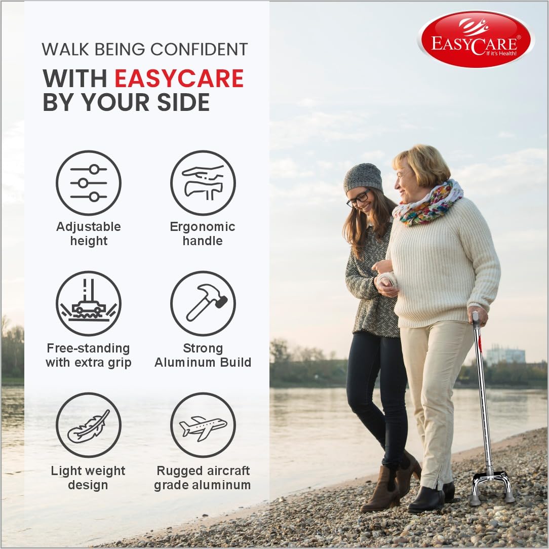 EASYCARE® Premium Walking Stick | Lightweight Aluminium with 10 Height Levels Adjustable | Ergonomic Handle, Anti-Slip Base | Support for Old Age Seniors, Men, Women & Patients (Four Legs) - Image 6 thumbnail