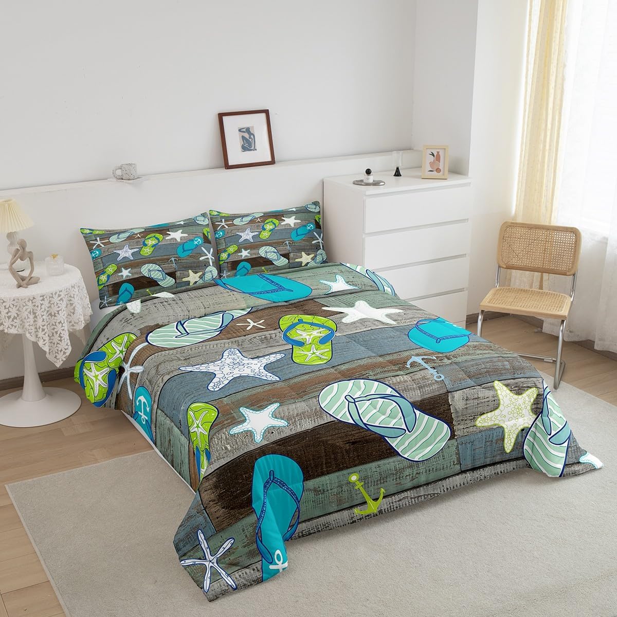 Castle Fairy Beach Hawaiian Style 3 Pcs King Size Comforter Set,Flip Flops Starfish Down Alternative Adults Bedroom Decor,Vintage Blue Grey Wooden Plank Ultra Soft Microfiber Inner Fill 3Pcs Bedding