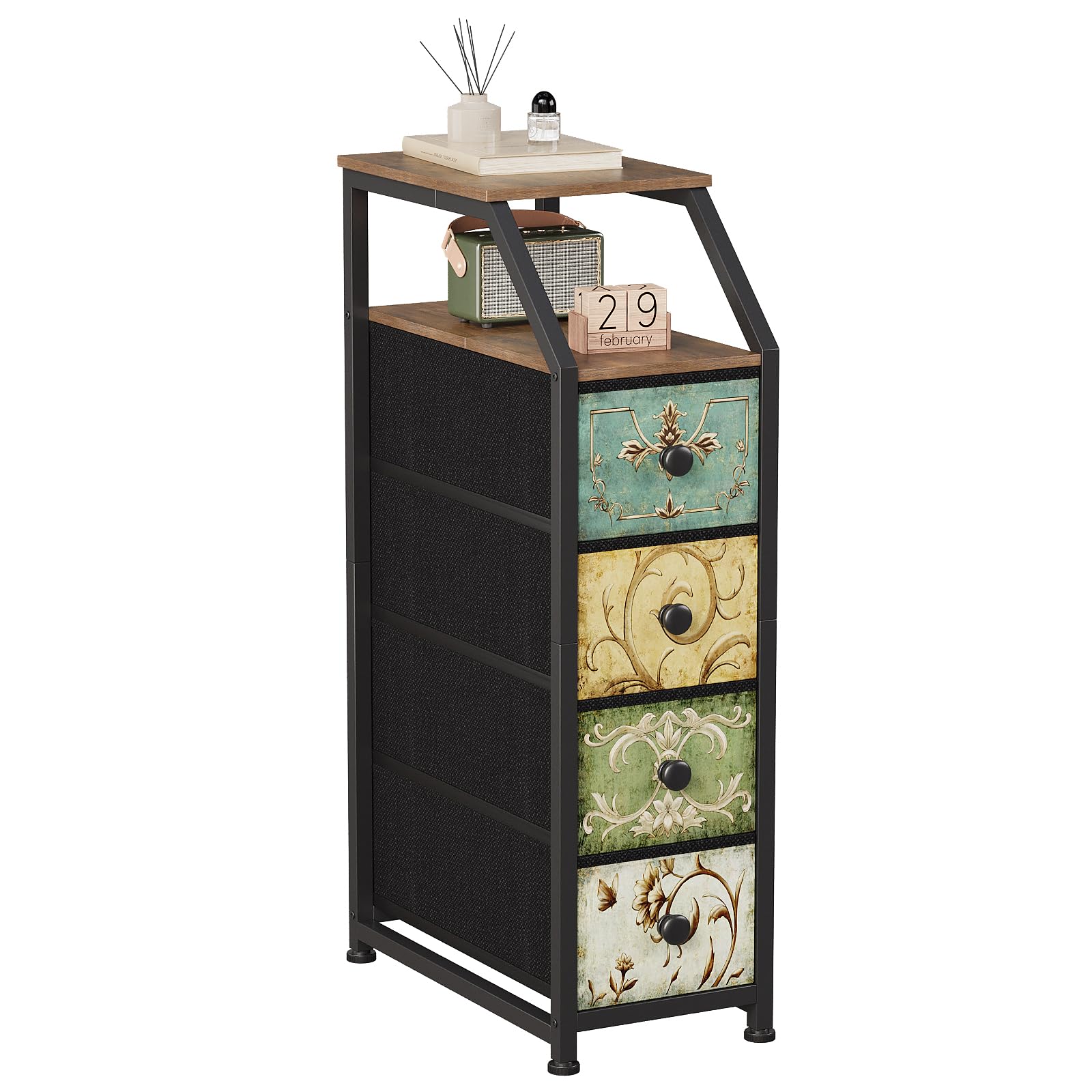 VEDECASA Fabric Chest of Drawers with 4 Drawers Tall Narrow Chest of Drawers Slim Storage Cabinet with Top Shelf Vintage Floral Motif for Hallway Bedroom Living Room, Sturdy Steel Frame Wooden Top