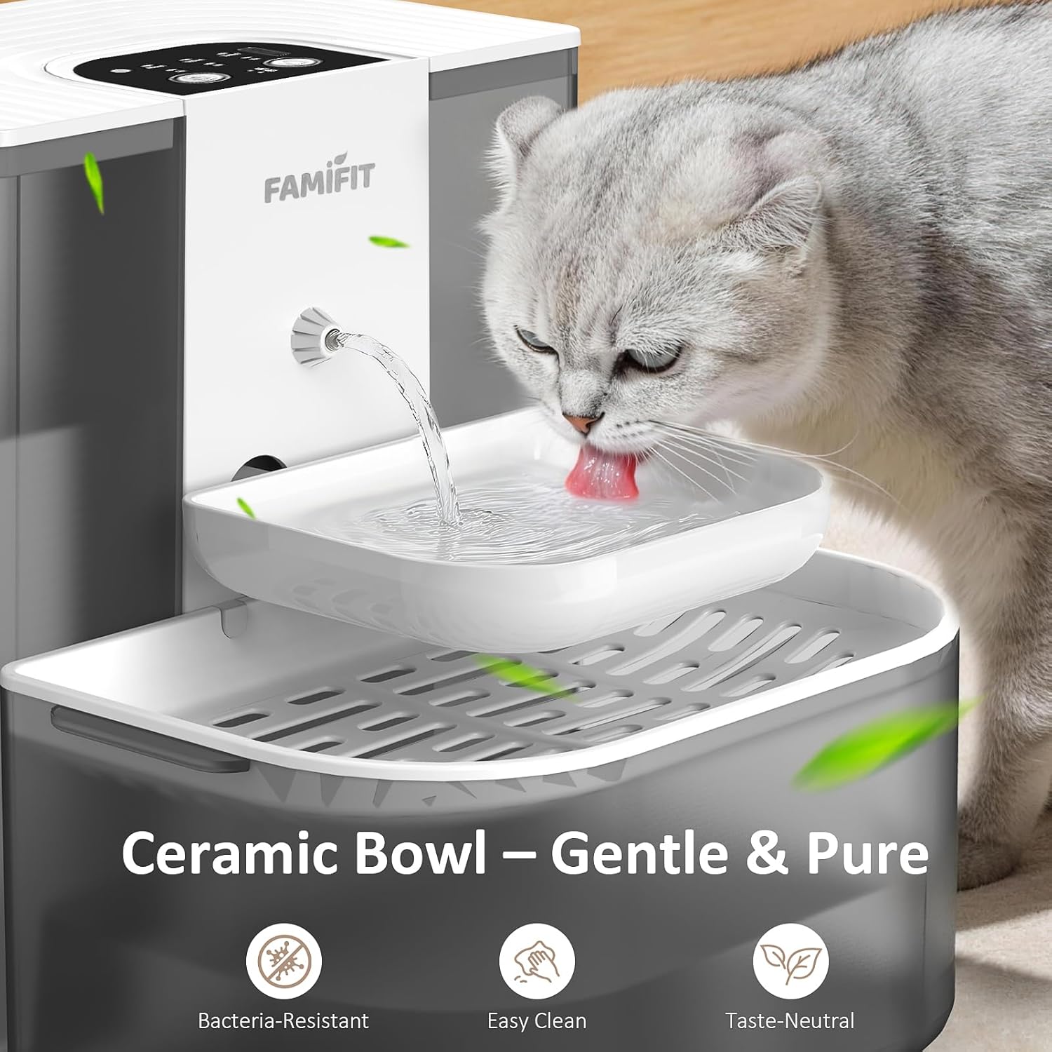 [New Upgrade] Famifit 4.5L+2L Automatic Cat Water Fountain (Non-Heated), 2000mAh Battery, Timed 3/6/9H & 80/100/120ml Control, Clean Water System, No Filter, Ceramic Bowl, Ultra Quiet