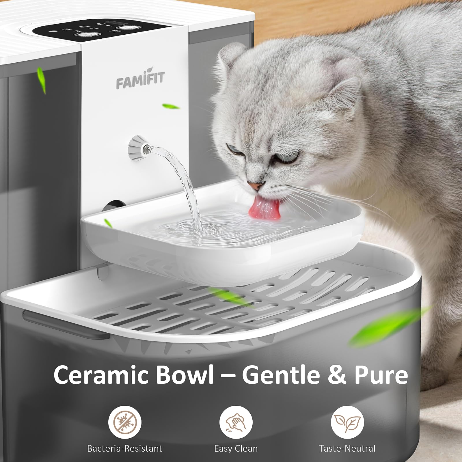 Fuente de agua automática para gatos de 4,5 L + 2 L (sin calefacción), batería de 2000 mAh, temporizador de 3/6/9H y control de 80/100/120 ml, sistema de agua limpia, sin filtro, cuenco de