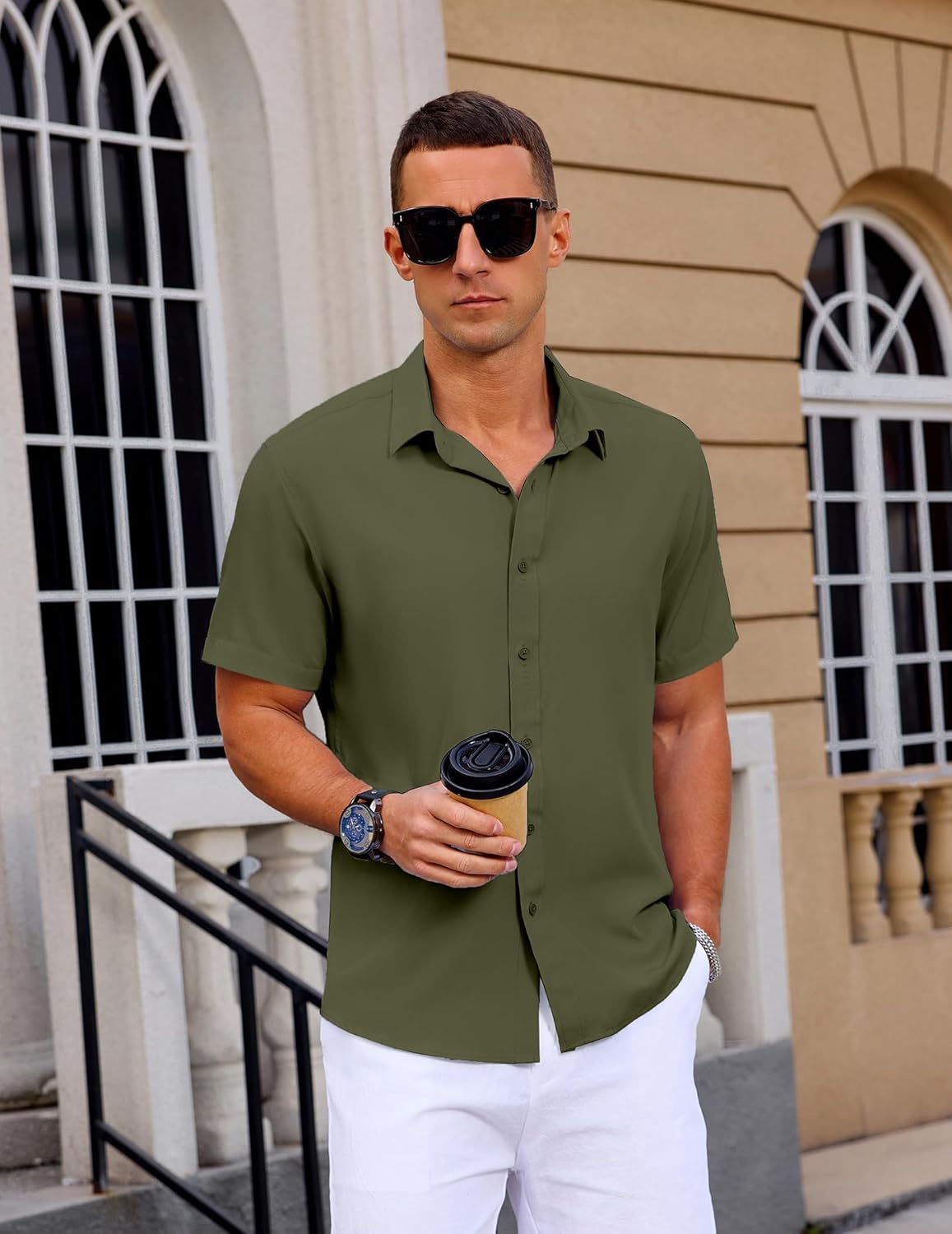 Mens Button Down Short Sleeve Shirt Casual Summer Wedding Untucked Dress Shirts - Image 4