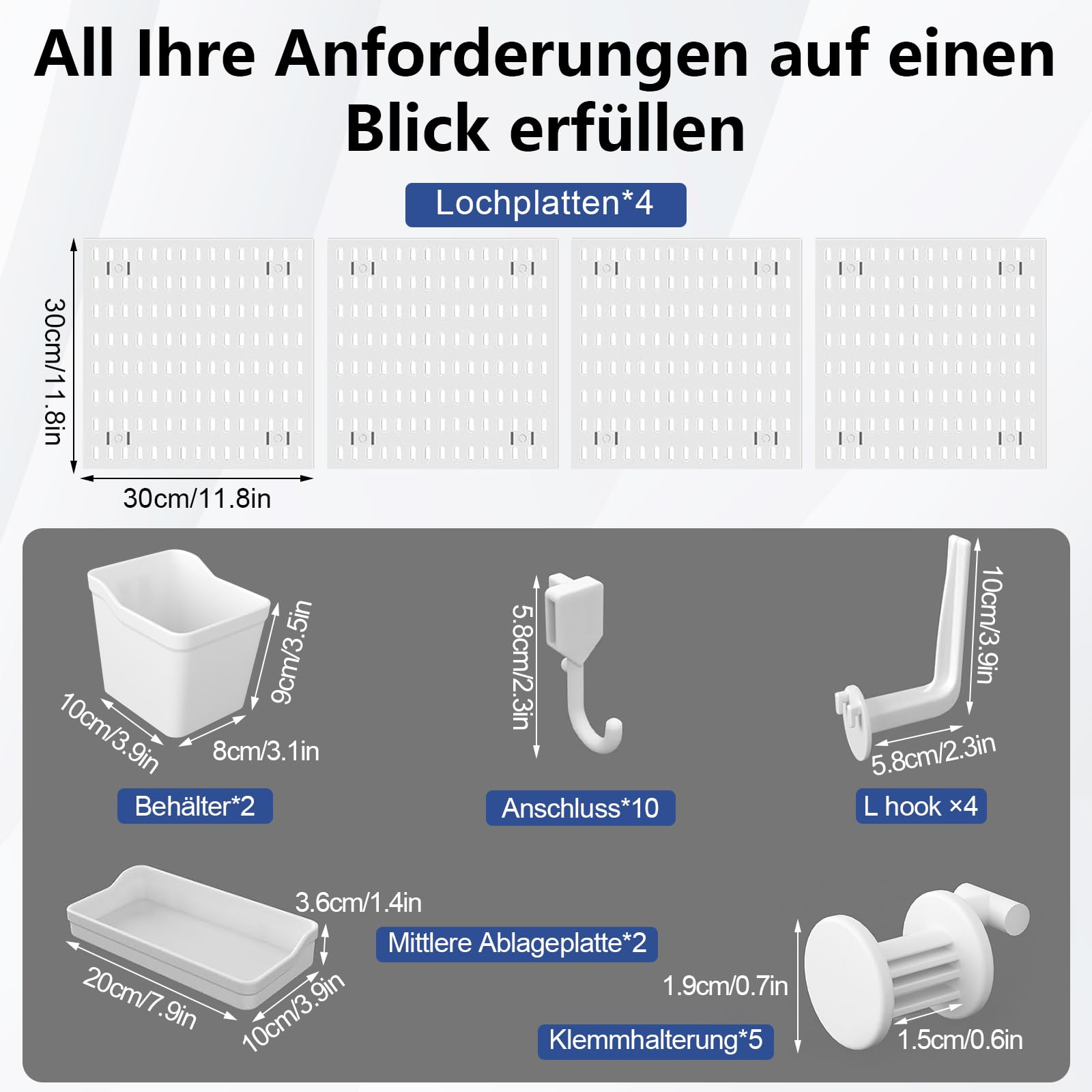 Stecktafel Wand Organizer 30 x 30 cm 4er Pack, Stecktafel-Kombinationsset mit 23 Zubehör, Einfache Installation, Lochplatte für Zuhause, Büro, Garage, Bastelraum