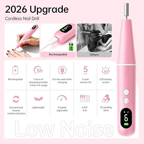 Miniatura 4 de Kit de taladro eléctrico profesional para uñas, lima de uñas eléctrica inalámbrica de 9 velocidades con pantalla LED, máquina de taladro de uñas