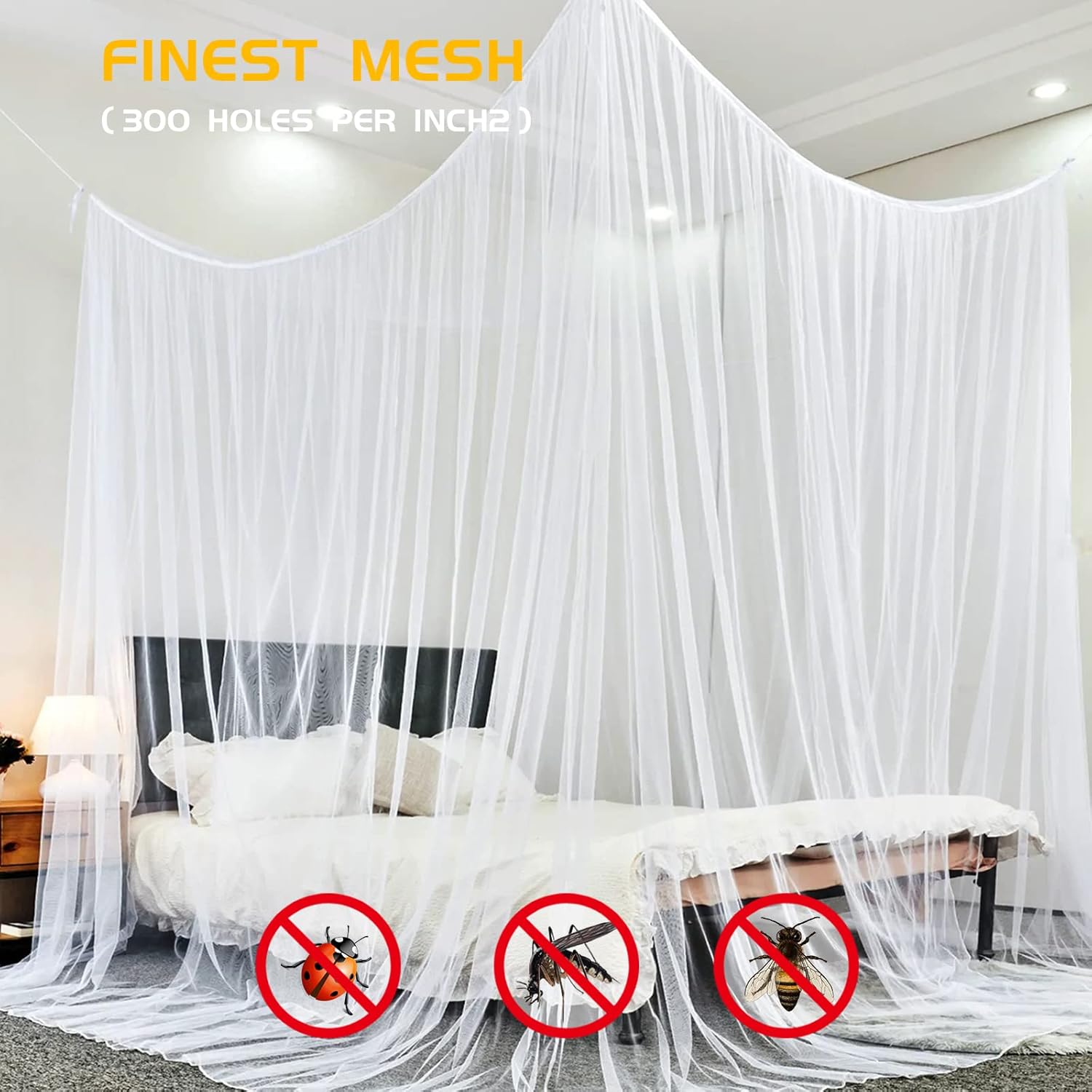 Mosquito Net Bed Canopy for Girls,King Canopy Bed Curtains Queen Size from Ceiling,Dome Mosquito Netting Bed Tent Twin Girls Canopy Bed Decor for Baby Crib,Kid Bed and Adult Beds (White Square)
