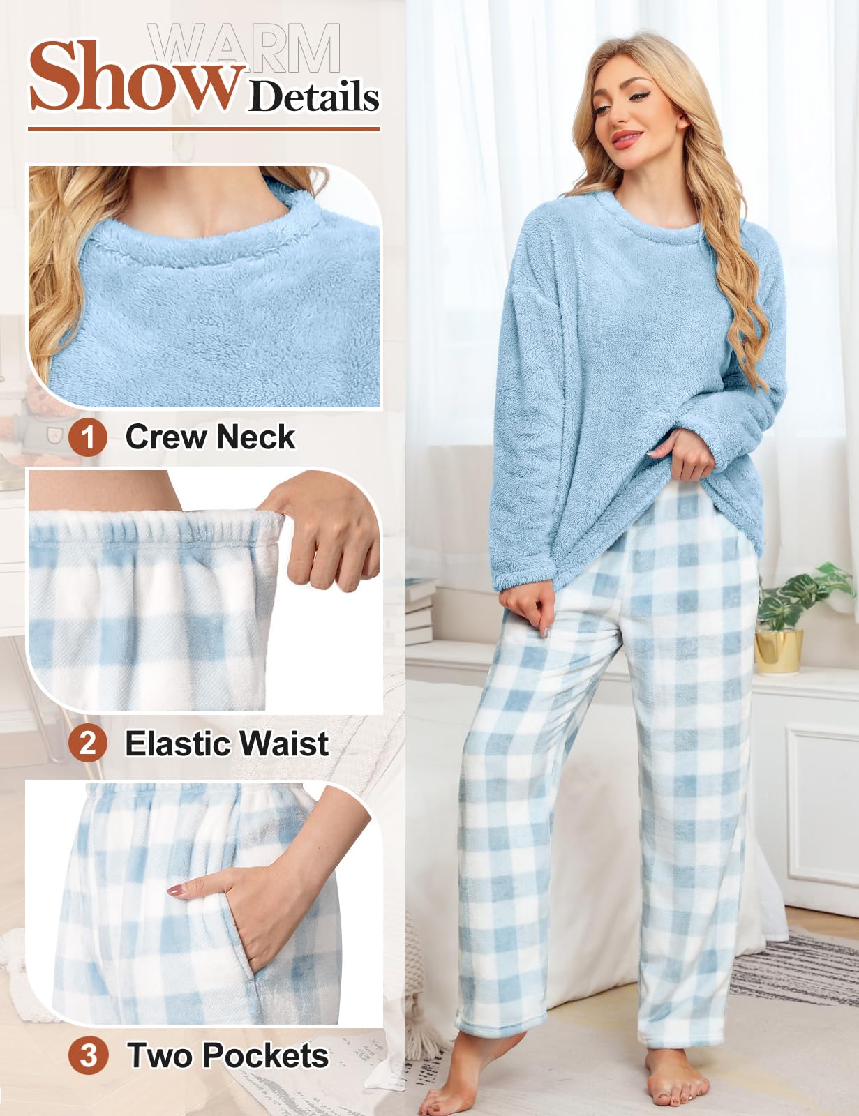 UMIPUBO Pijama Mujer Invierno Polar Manga Larga y Pantalón Largo con Bolsillo Franela 2 Piezas Conjunto de Pijama Calentito Cuadros Ropa de Dormir Suave Plaid Pijamas Navidad