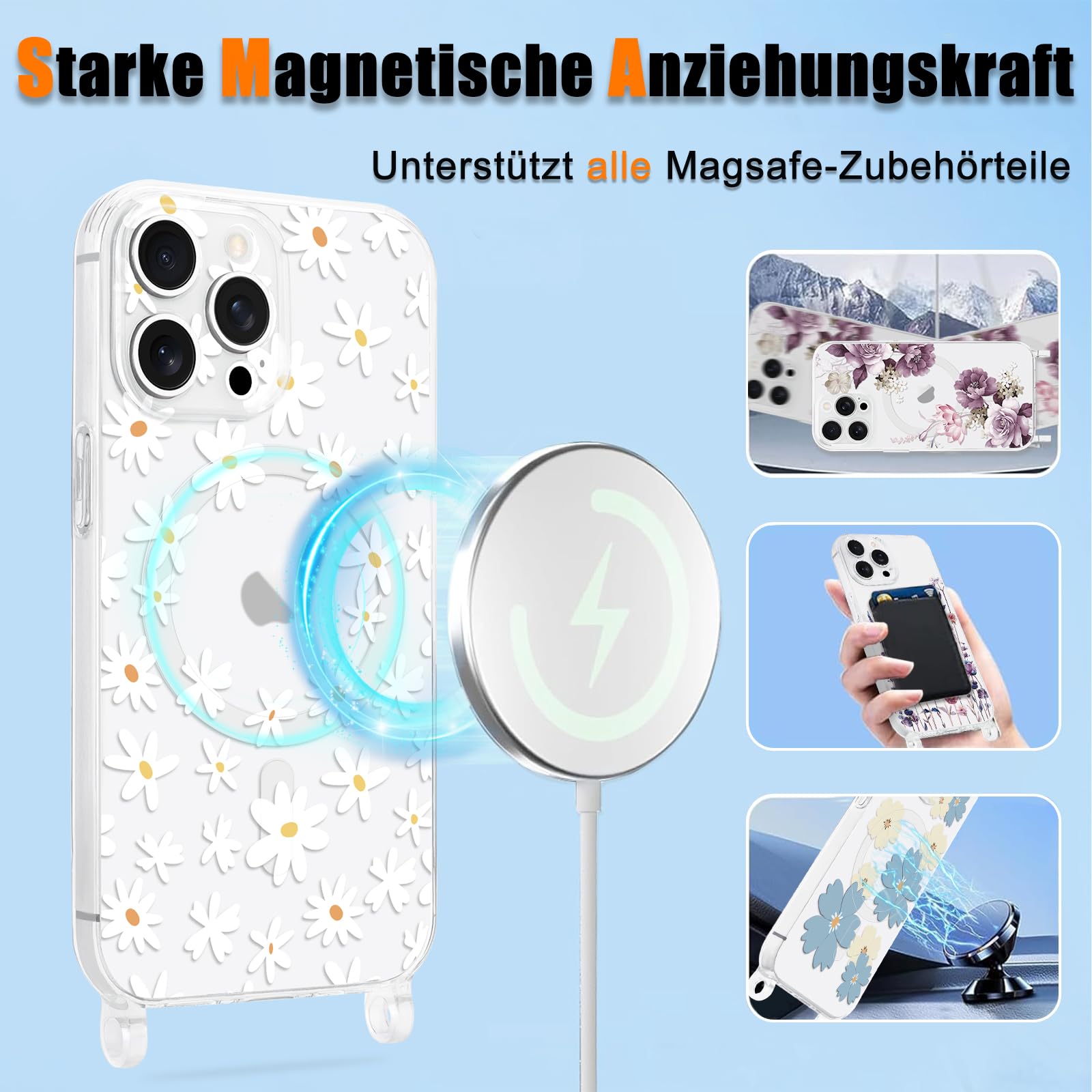 MagSafe Handyhülle Für IPhone 15 Mit Verstellbarem Halsband – Transparent, Lila Blumen, Schützt Und Hängt Bequem