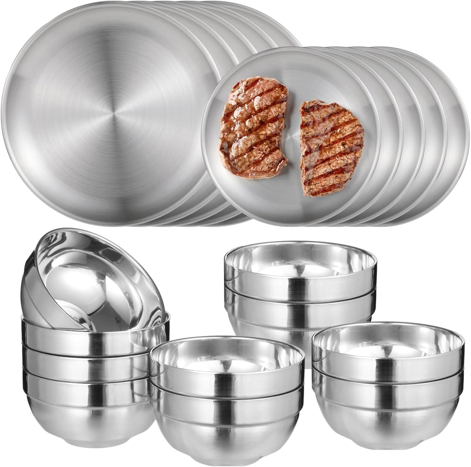 Stainless Steel Plates And Bowls Set, 20 Pieces, 6.7 & 10.2 Plates, 5.1 Bowls, Ideal For Home And Camping