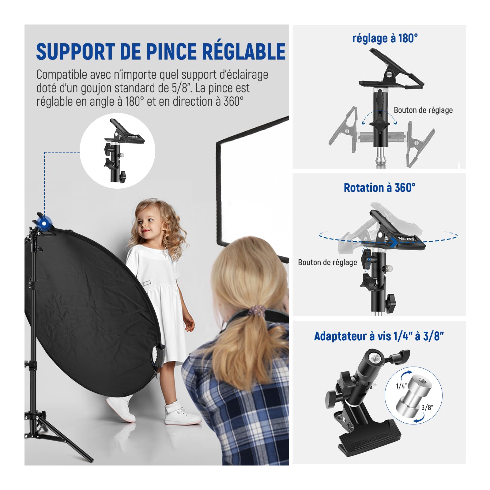 NEEWER 80cm Réflecteur Lumière avec Pince et Poignées, Réflecteur Photographie Multi-Disque Pliable 5 en 1 Translucide/Argent/Or/Blanc/Noir avec Filetage 3/8" pour Éclairage Extérieur Studio,RF-80II