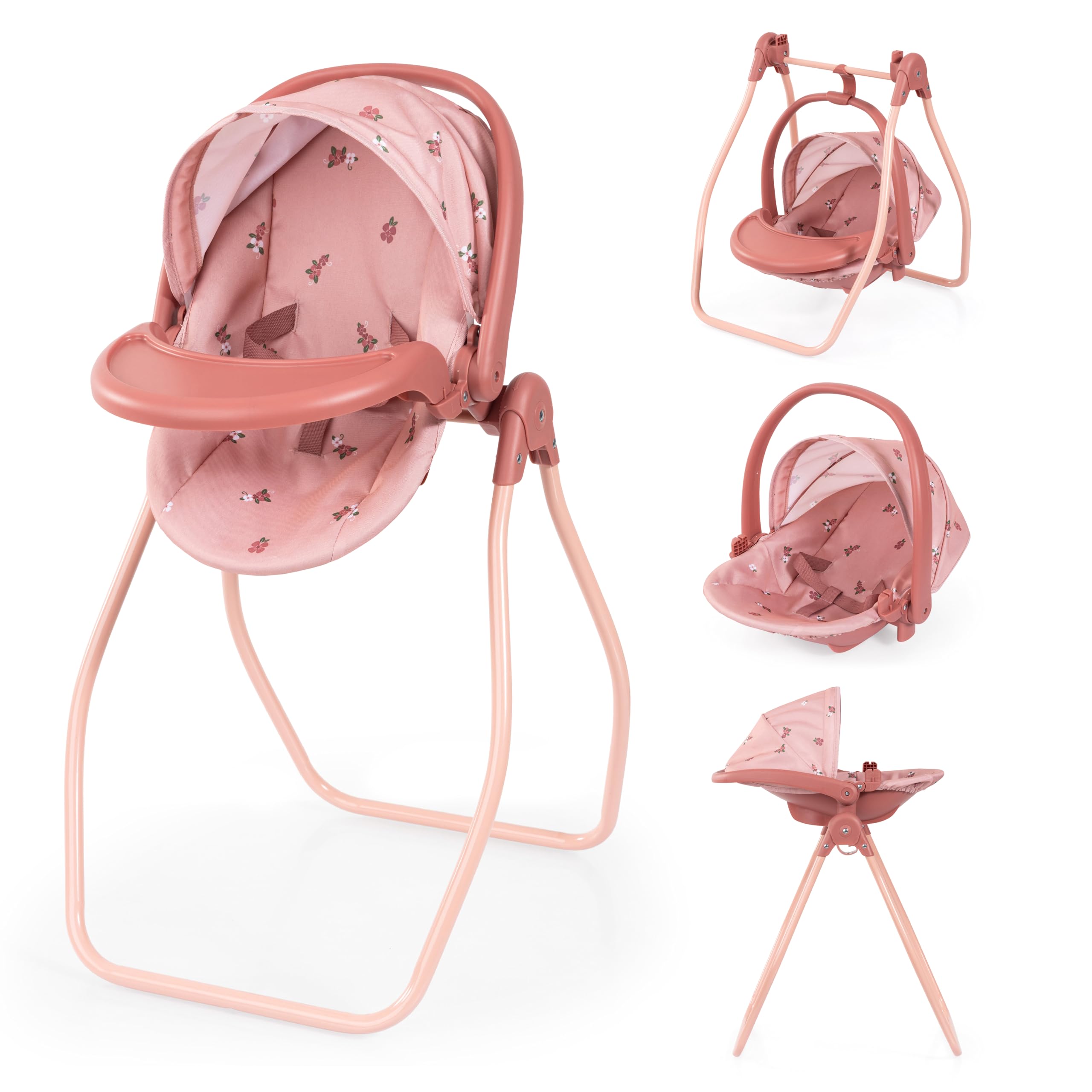 Bayer Design Accessori per bambola Set 4 in 1 seggiolone | Seggiolino auto, lettino, altalena per bambole per giochi di ruolo versatili