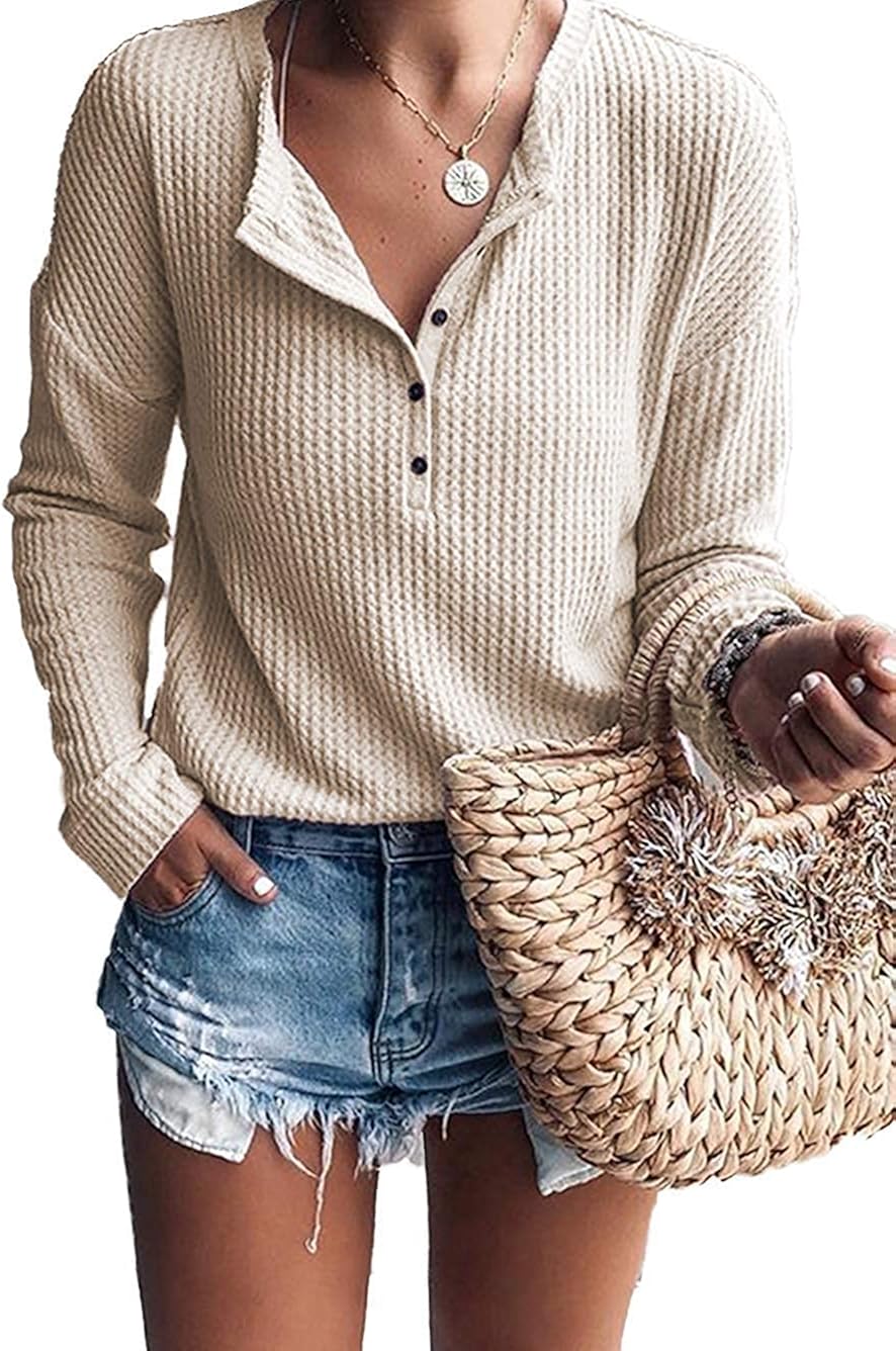 Damen Langarmshirt Waffelstrick - Oversize Henley Shirt Mit V-Ausschnitt
