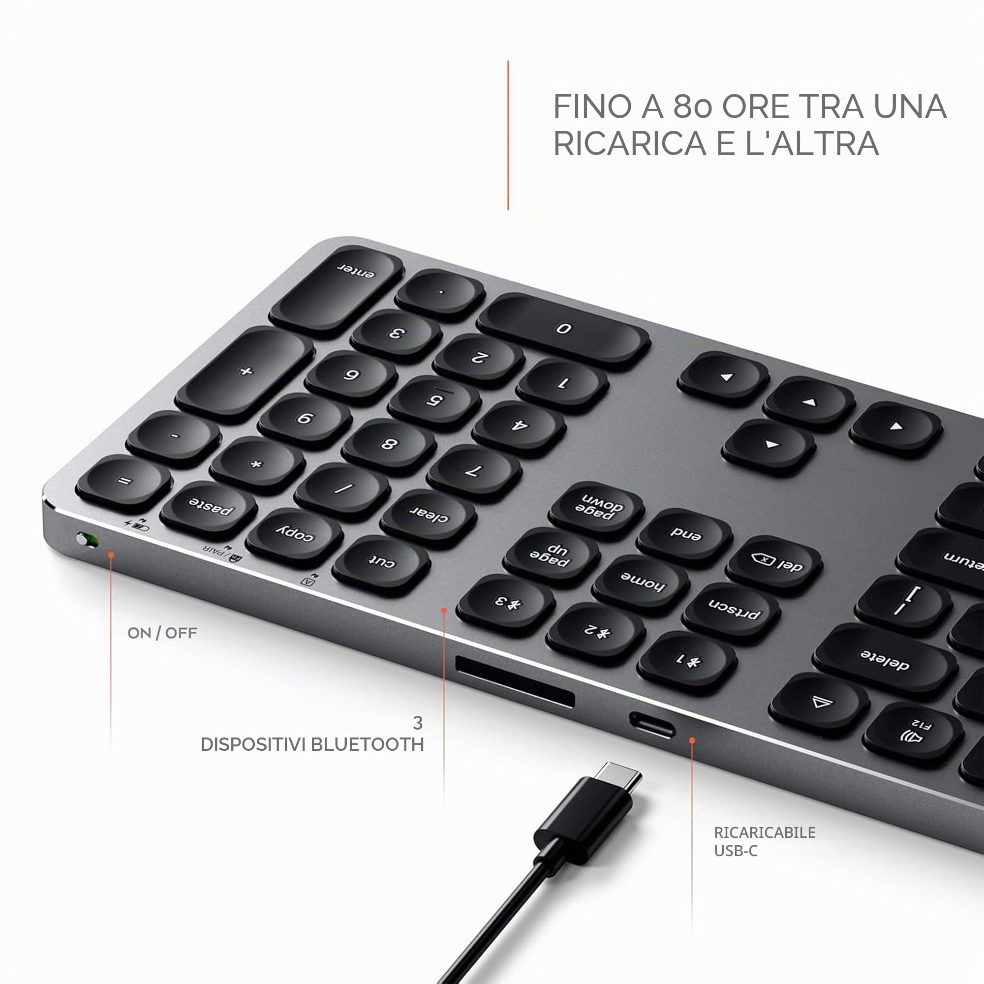 Satechi Tastiera Wireless con Tastierino Numerico, 𝗤𝗪𝗘𝗥𝗧𝗬 𝗨𝗦, Tastiera Bluetooth in Alluminio, Multi-Dispositivo, Ricaricabile USB-C per Mac, Windows e Android (Layout Americano)