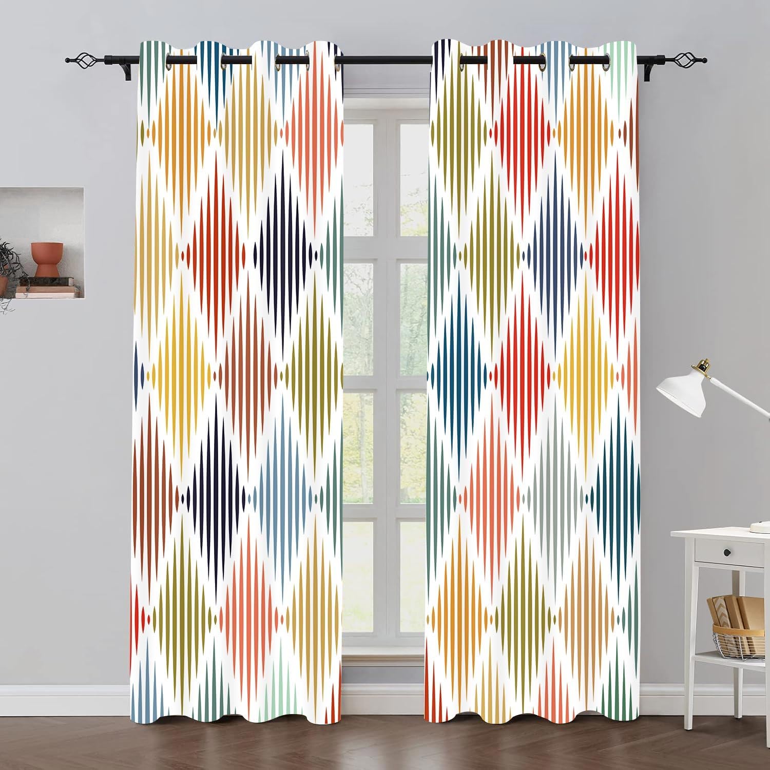 Colorful Abstract Blackout Curtains 2 Panels 84 inch Long Stripe Geometric Modern Moroccan Print Curtain for Bedroom Living Room Orange Yellow Blue Ombre Aesthetic Drapes for Kitchen Cafe 42x84in