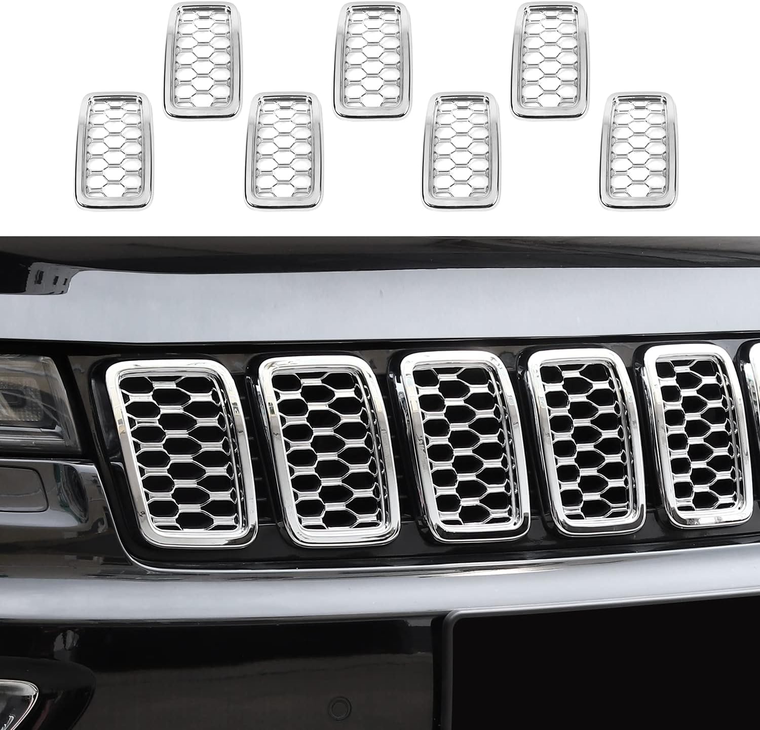 RT-TCZ 7PCS Front Grill Mesh Inserts,Rings Covers Inserts Kit for 2017 2018 2019 2020 2021 Jeep Grand Cherokee Not fit for SRT, Trackhawk & 2021 Grand Cherokee L (Black Mesh)