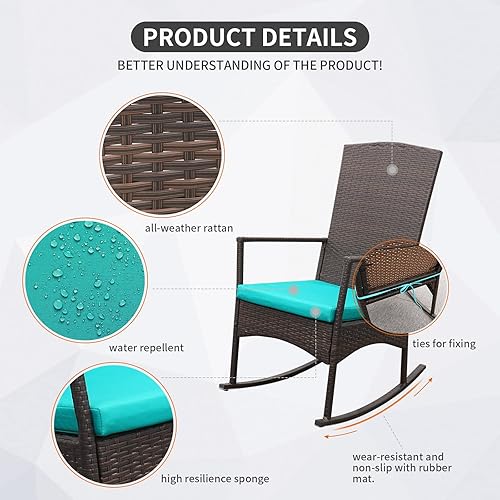 Miniatura 4 de Silla mecedora de mimbre de polietileno para exteriores, juego de 3 piezas, juego de 2 sillas mecedoras y mesa auxiliar de cristal con cordones,