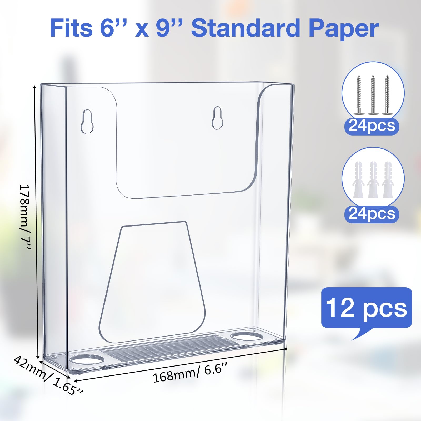 Wonderjune Paquete de 12 soportes para folletos de pared de 6 x 9 pulgadas, soporte de acrílico para folletos de literatura, soporte de exhibición de pared transparente para folletos, revistas,