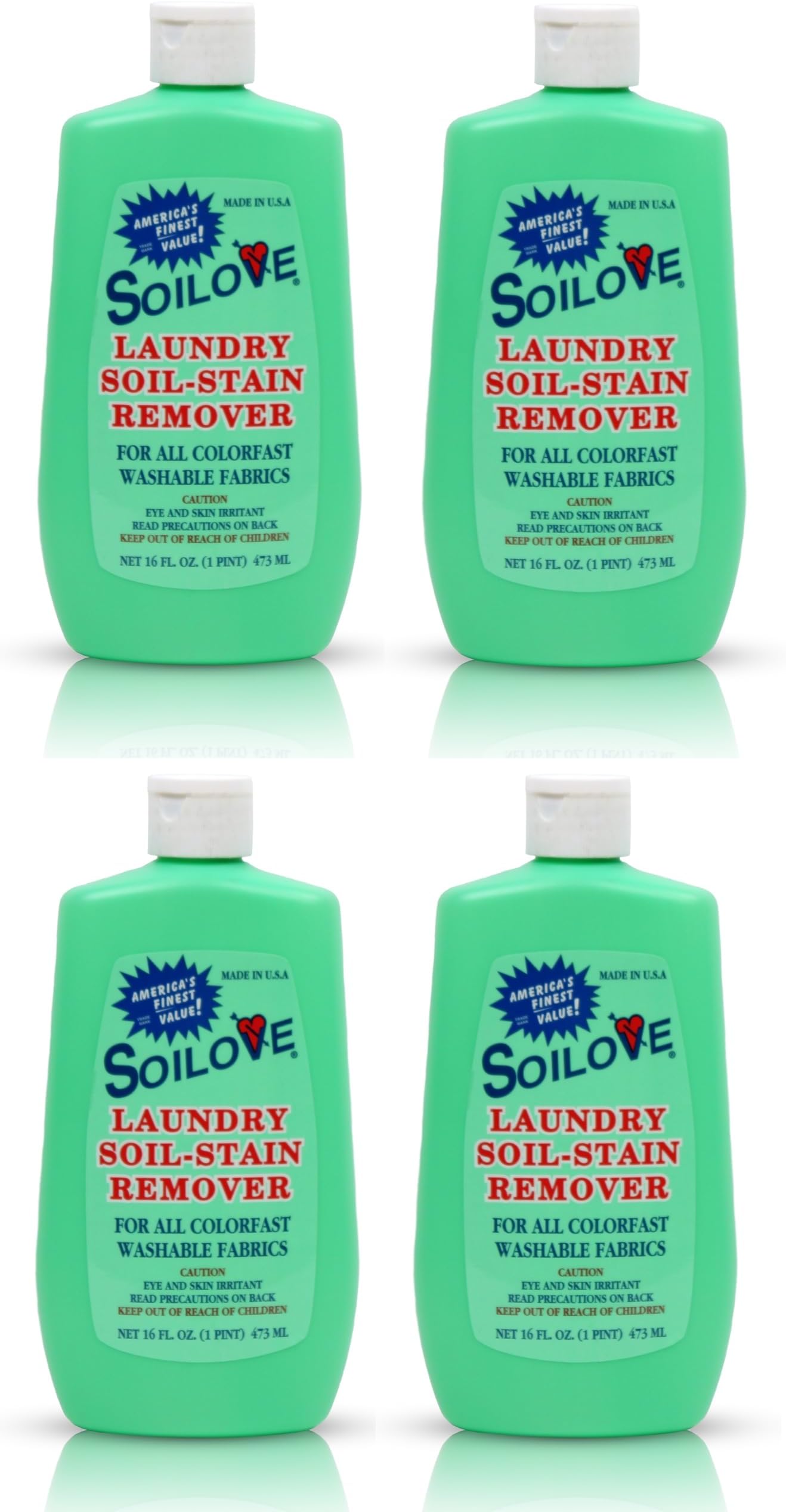 Soilove Laundry Stain Remover Liquid – 4 Bottles (16oz) – Powerful Prewash for Blood, Grease, Ink, Grass, Food, & More – Enzyme-Based Concentrated Stain Fighter for Clothes