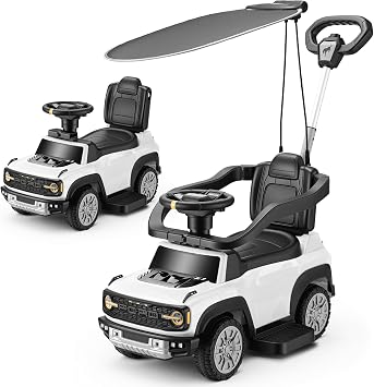 First Ride On Licensed Ford Bronco Raptor Push Car for Toddlers 1-3 with Canopy, 3-in-1 Toddler Push Car w/Adjustable Handle, Rails, Horn and Music, Outdoor Stroller, Toddler Ride on Toy White