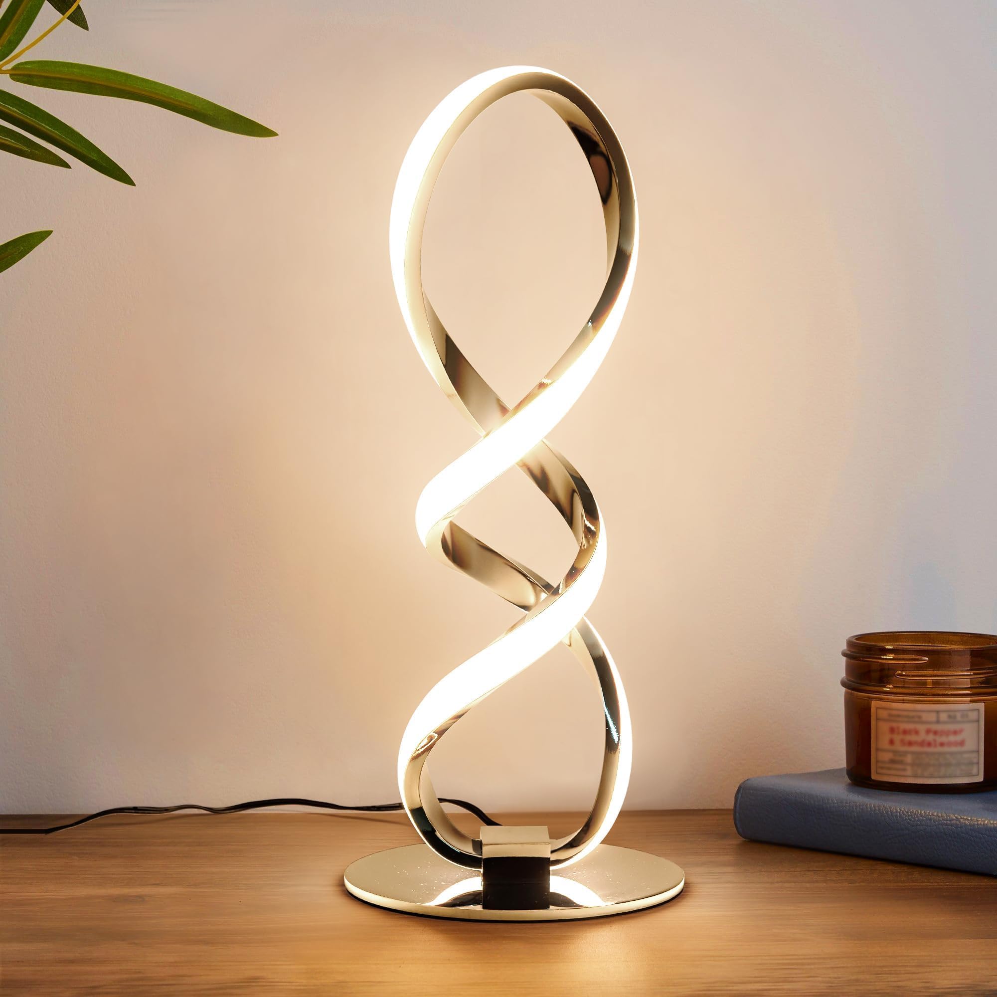 LED Spiral Bedside Table Lamp, Stepless Dimmable 12W 3000K Warm White, Modern Nightstand Desk Lamp for Bedroom, Living Room​, Sliver