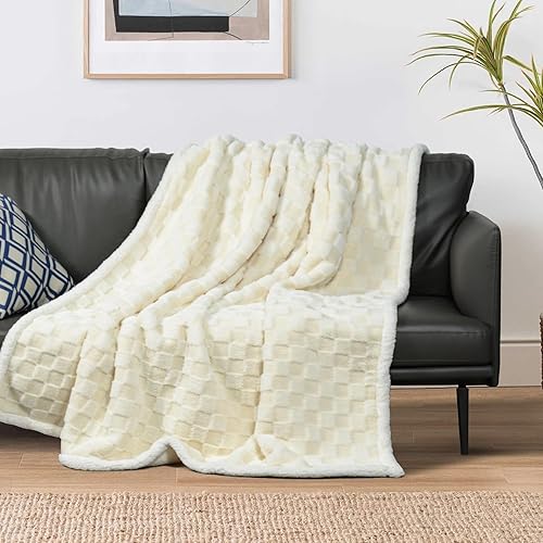 Miniatura 2 de Manta a cuadros para sofá, manta de forro polar, suave manta de piel sintética, manta sherpa, acogedora manta de regalo para sofá y cama (blanco 60