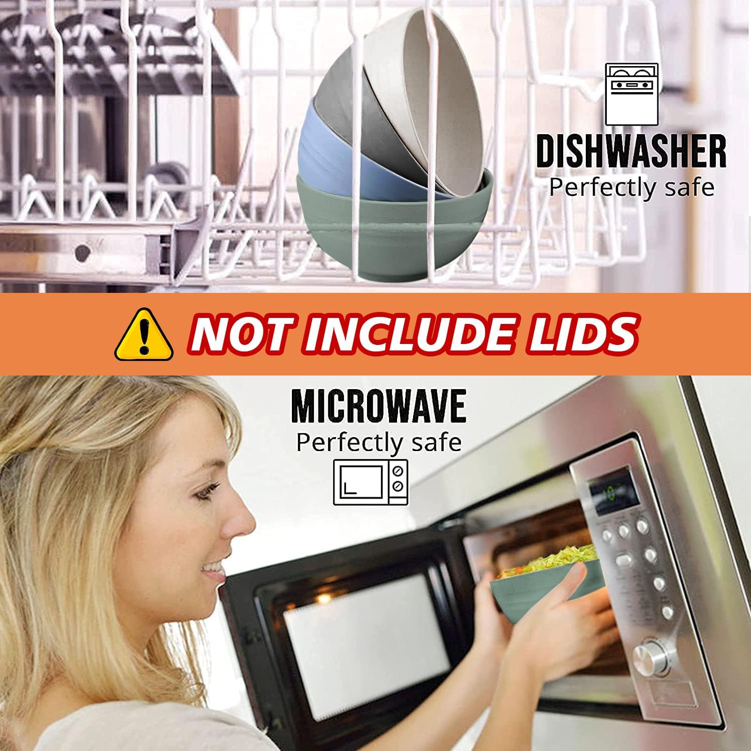 Shopwithgreen Wheat Straw Cereal Bowls with Dust-Proof Lid, Reusable Bowls for Kitchen, Set of 4, Microwave and Dishwasher Safe, for Soup, Oatmeal, Ramen, RV, Camping,College Dorm Room, 26 OZ, Coastal - Image 4