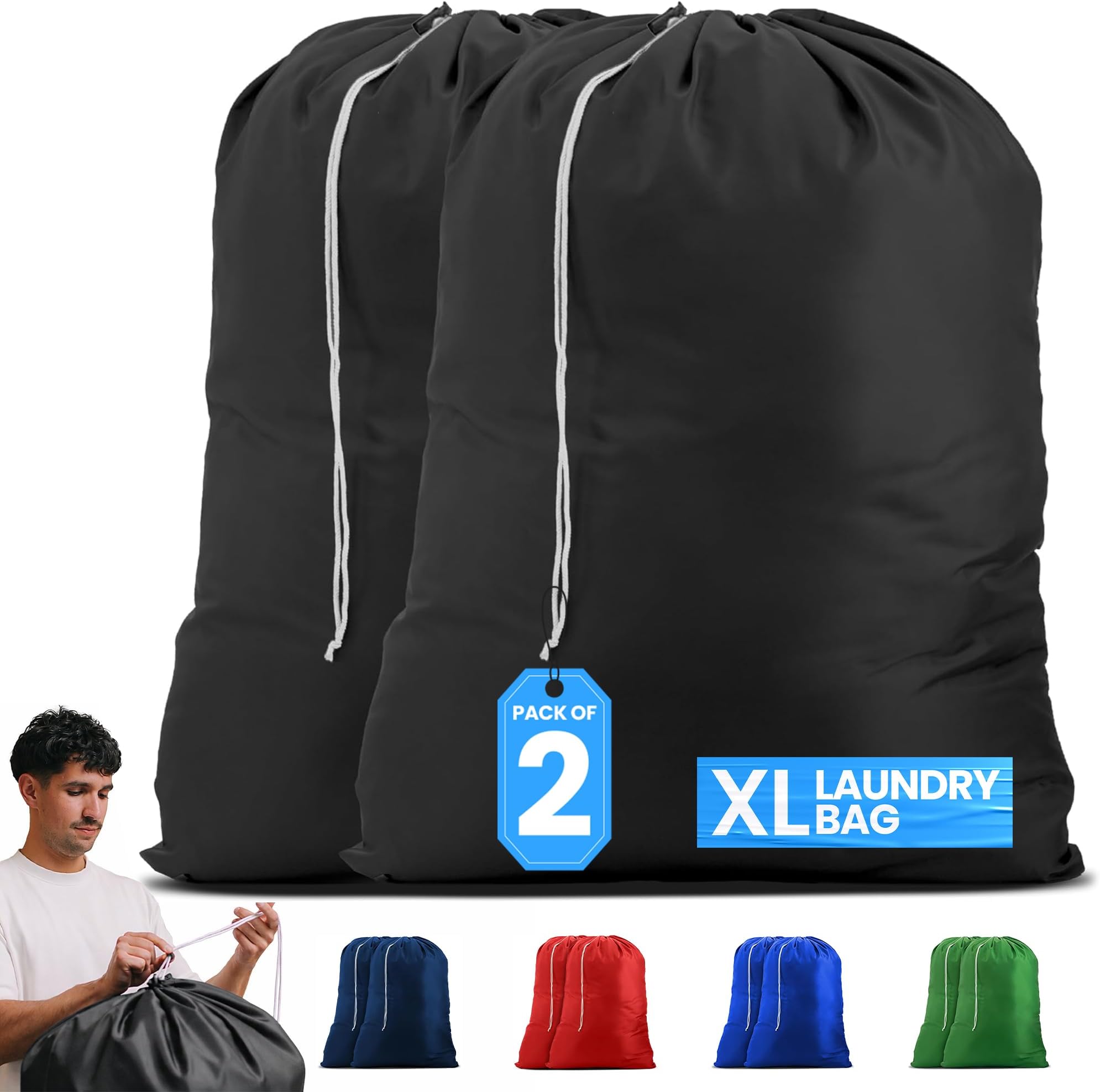 Nylon XL - Large Capacity with Locking Drawstring, Machine Washable, Fits Laundry Baskets or Hampers, Holds 3 Loads of Clothes - Black (Pack of 2)