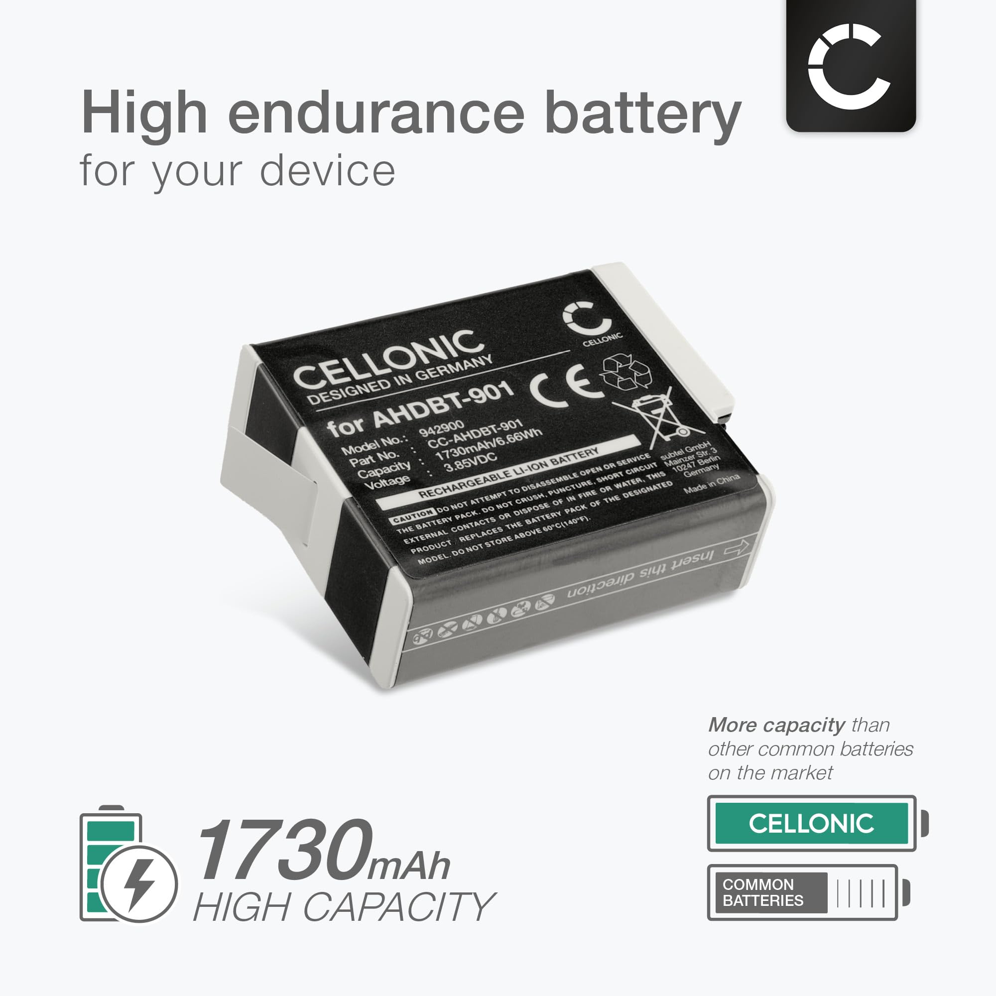 CELLONIC, Bateria do aparatu, kompatybilna z GoPro Hero 9/11, AHDBT-901, 12, czarna, 10 (3,85 V, 1730 mAh)