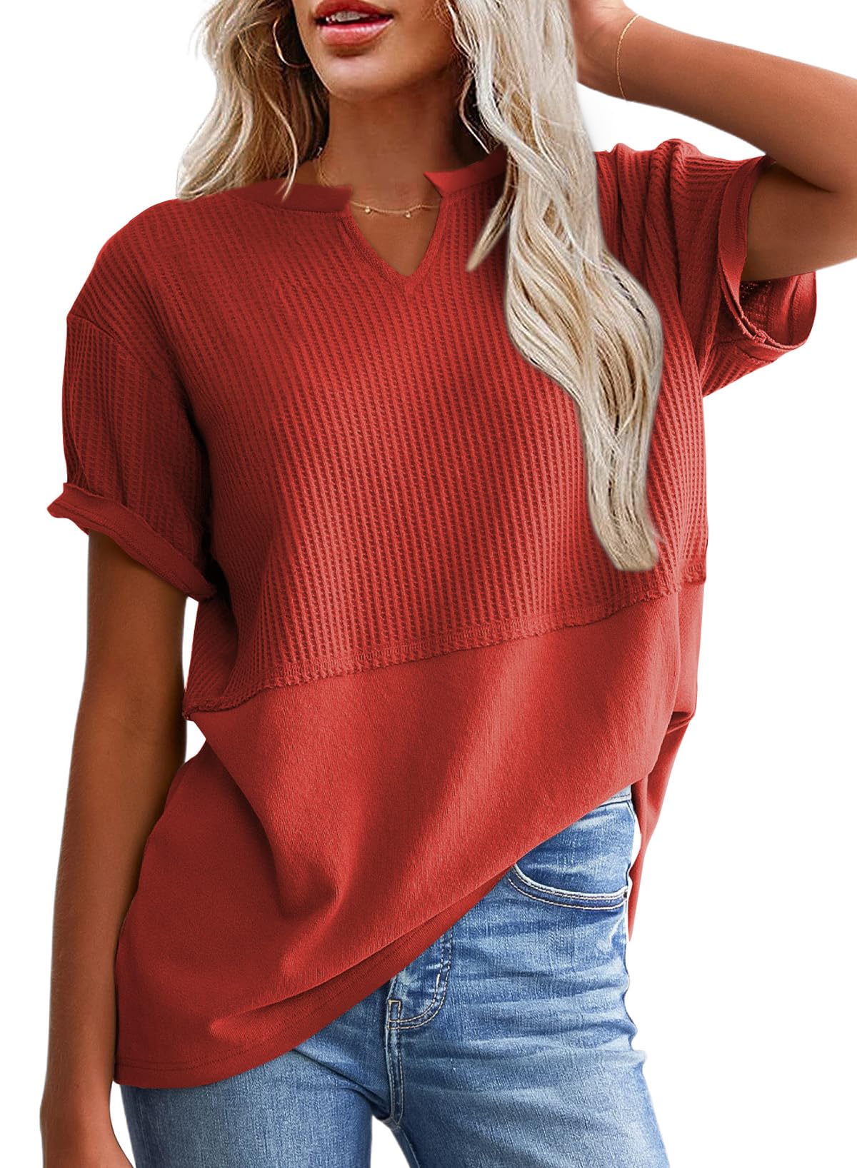 SHEWIN Womens Casual V Neck Waffle Knit Tops Short Sleeve T Shirts Loose Blouses