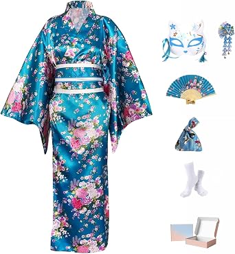 Women's Japanese Kimono Yukata Set,Satin Kimono Robe with Obi,Bow,Drawstring Pouch,Folding Fan,Mask,Hair Clip and Tabi Socks in Gift Box,Women Fancy Dress Cosplay Costume for Photography Stage Party