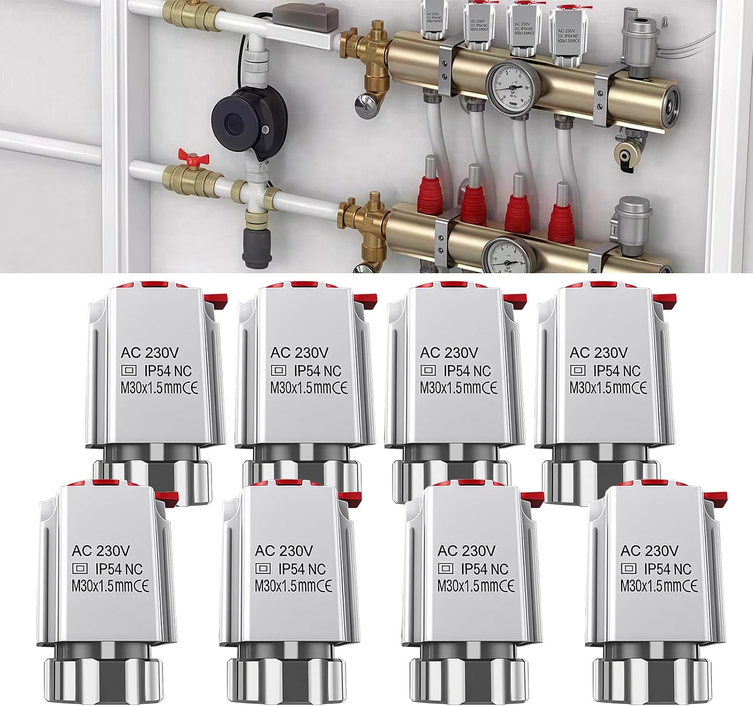 AC 230V Underfloor Heating Actuator M30 x 1.5mm Electric Thermal Actuator Underfloor Heating Valve Actuator for Most Manifolds for Zone Control On/Off Status Visible Pack of 8