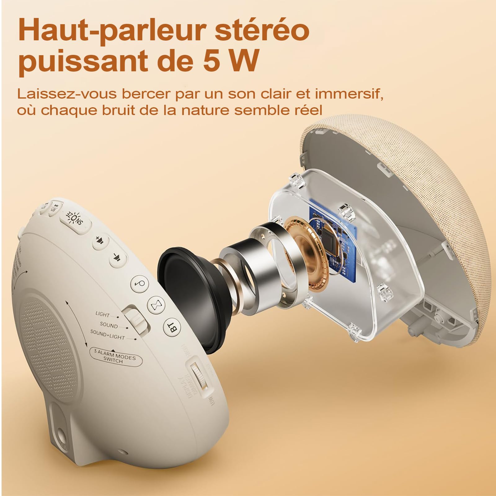 Réveil Simulateur d’Aube Bluetooth, Réveil Lumineux, Beige | 3 modes de réveil, 7 alarmes, haut-parleur 5 W, veilleuse RGB 12 couleurs et écran réglable 0–100 %, sans application