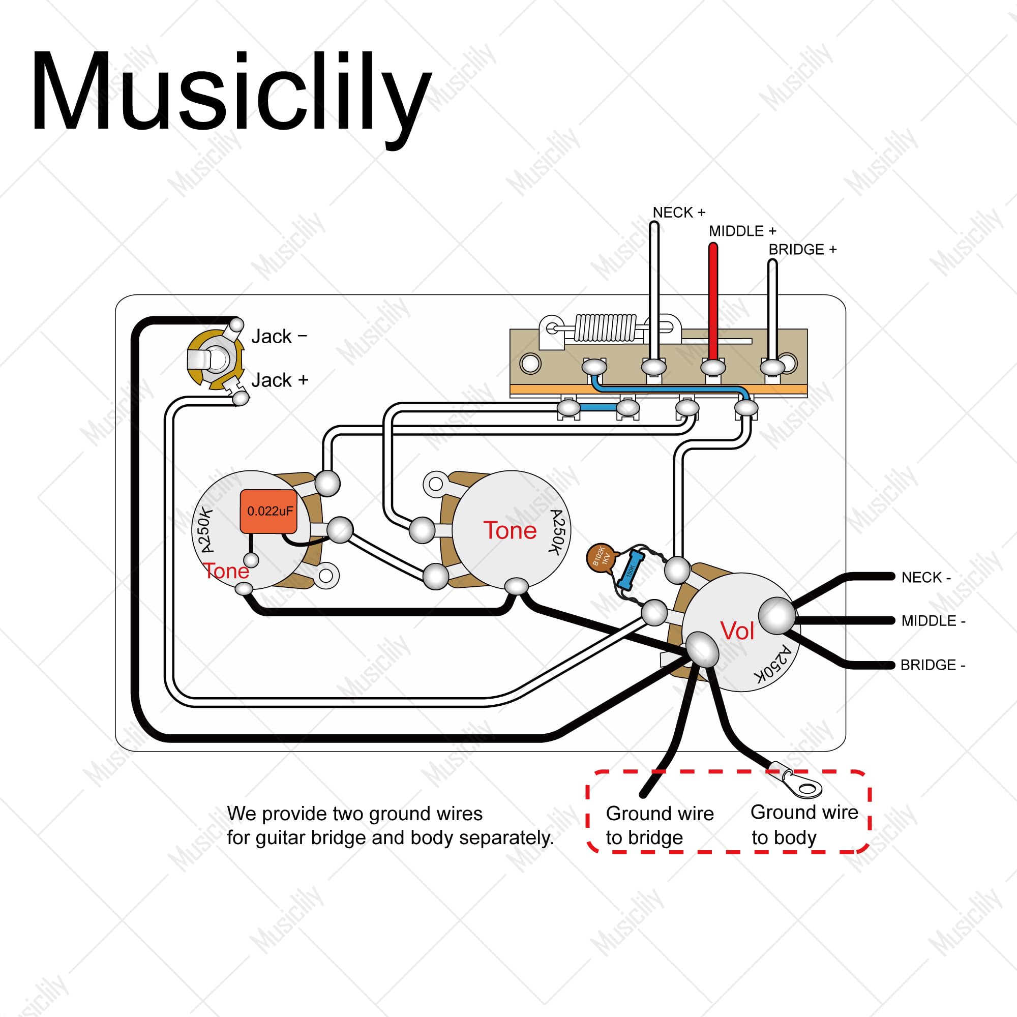 Musiclily Pro Guitarra Eléctrica Pre-cableado Kit de Electrónica para American Strat Style SSS con Selector 5 Posiciones y 3A Potenciometros, Nickel Jack