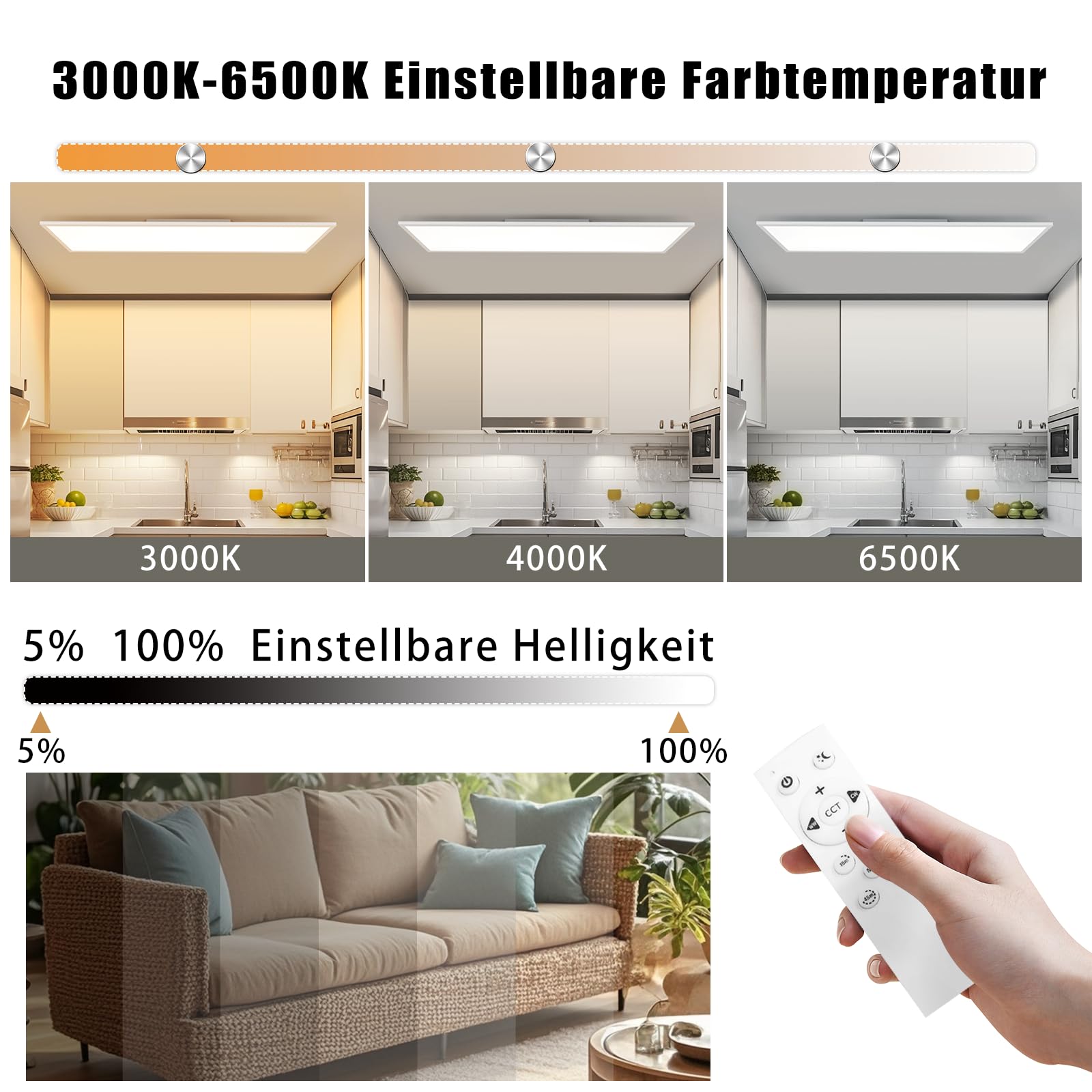 CBJKTX LED Panel Deckenleuchte Dimmbar - Flach Lang Deckenpanel mit | Fernbedienung Groß Deckenlampe Weiß Tageslichtlampe Bürolampe Decke für Büro Werkstatt Küche Arbeitszimmer Flur