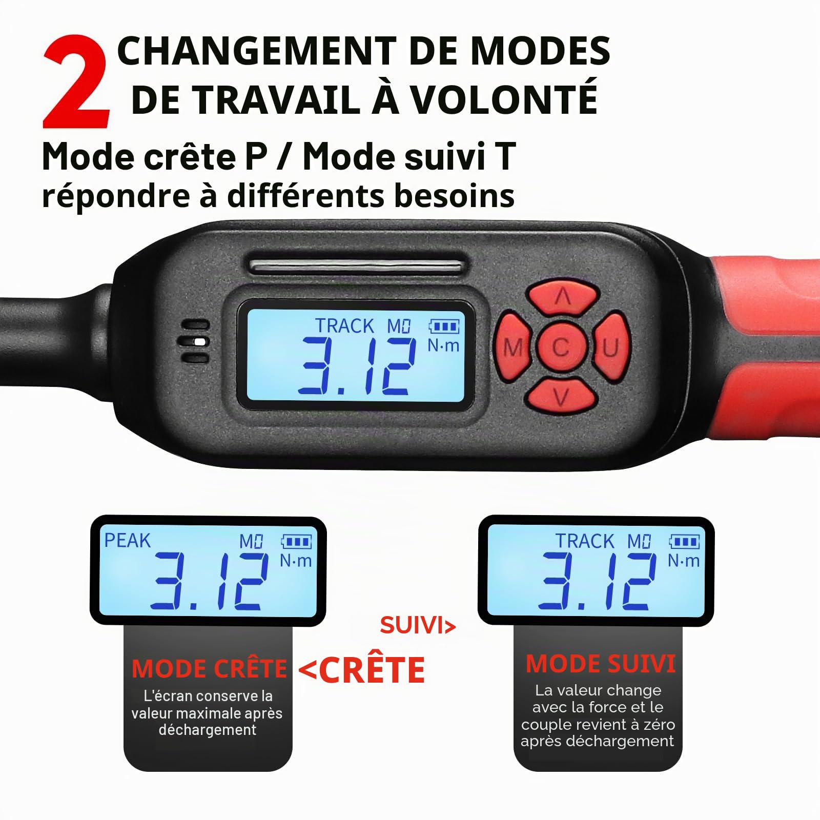 Ensemble de clés dynamométriques ajustables numériques, clé dynamométrique numérique de 3/8", large gamme 3-135 Nm, précision ± 2%, avec affichage LCD pour la réparation de voitures et de