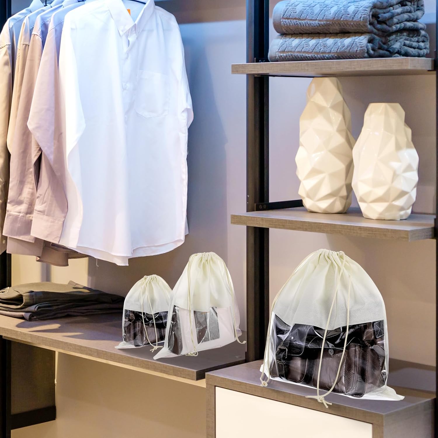 16 PCS Purse Dust Bags for Handbags Dustproof Drawstring Storage Bag with Clear Window, Non Woven Fabric Travel Shoe Storage Bag Beige Dust Cover Fabric Handbag Pouch Covers with Assorted Sizes - Image 4