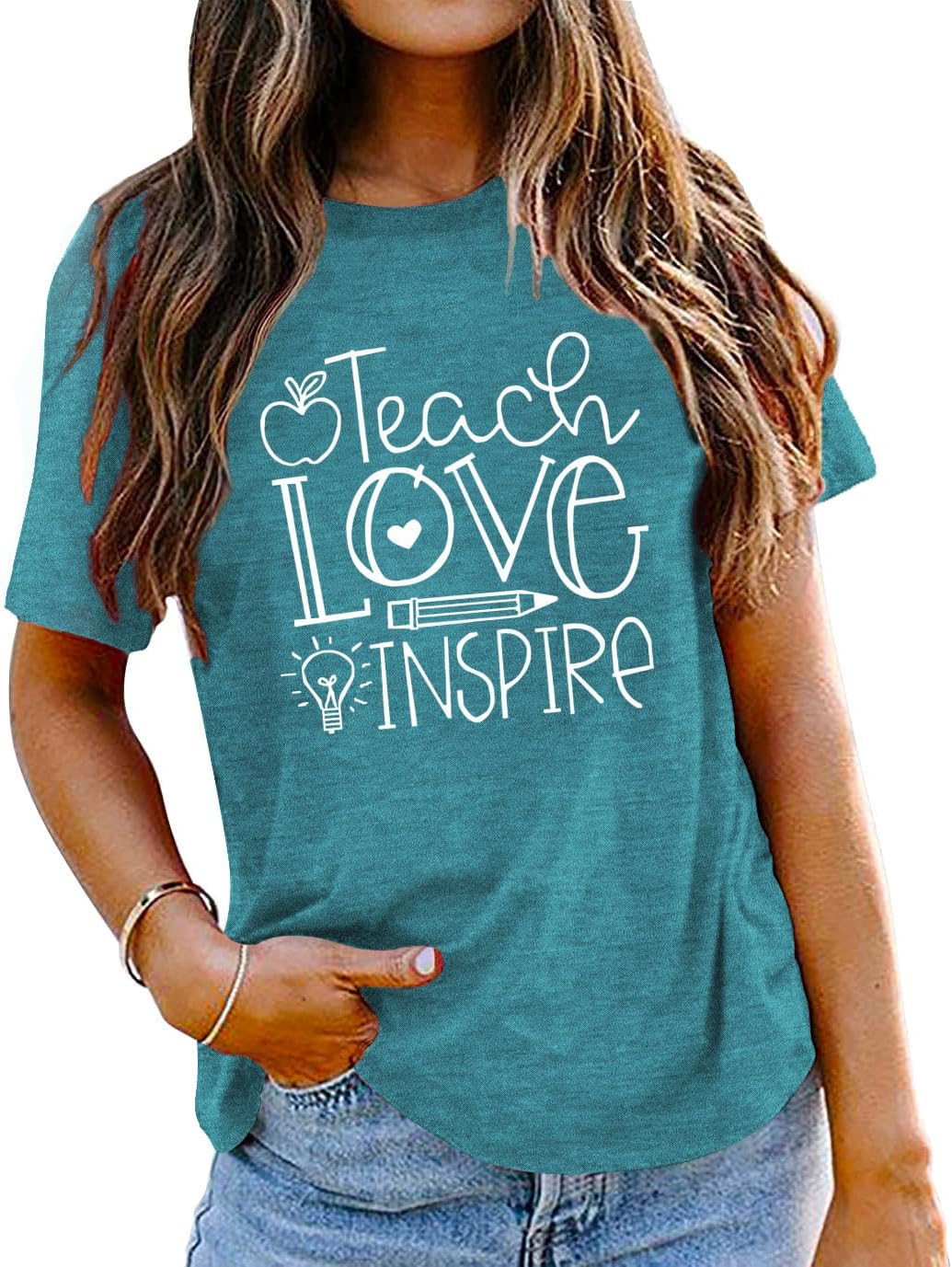 Womens Teacher Life Shirt Teach Love Inspire Letter Print T Shirt Funny Teacher's Day Gift Casual Tops - Image 4